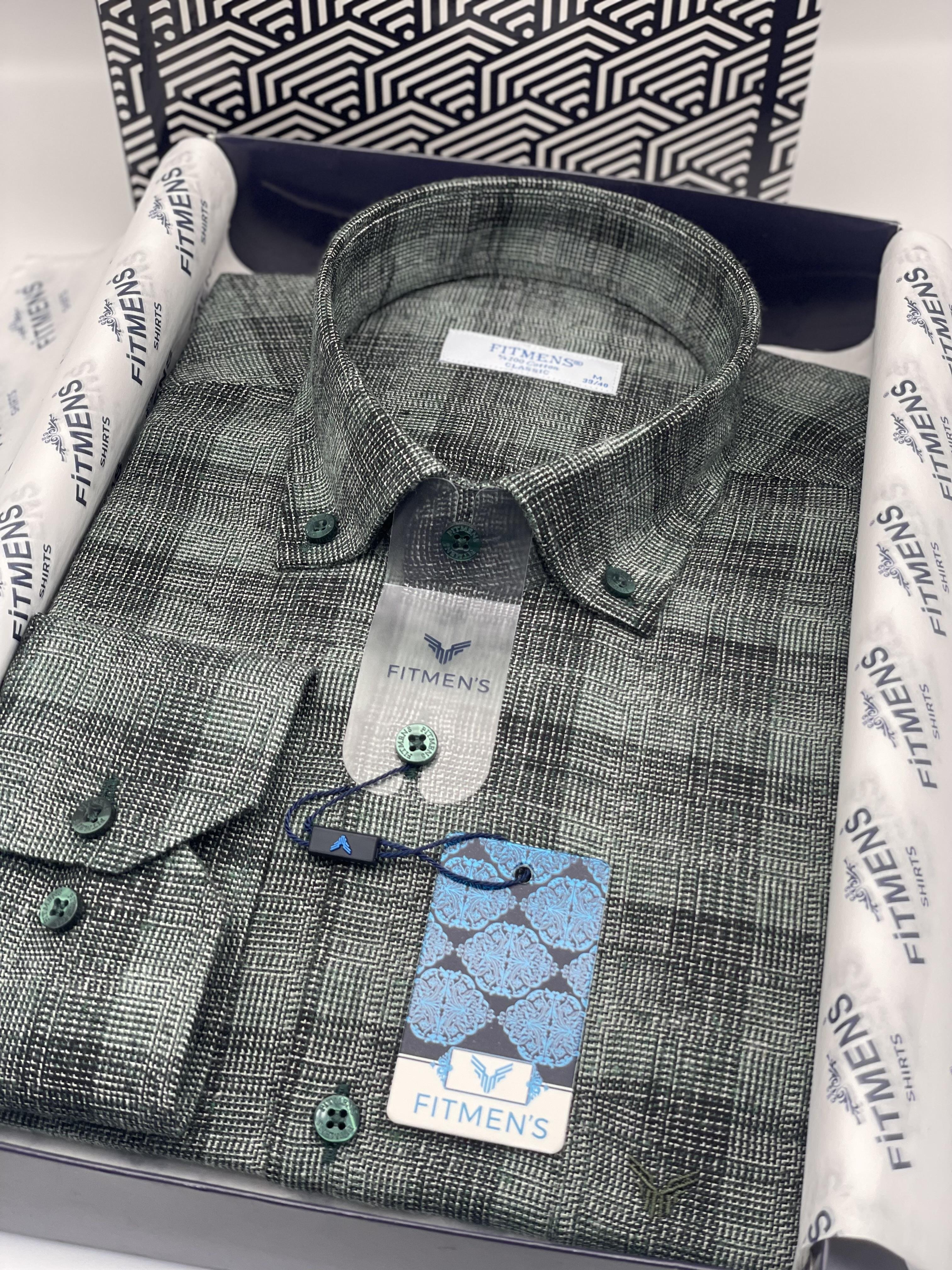 Klasik Uzun Kol Kışlık %100 Cotton Kareli Yaka Düğmeli Hediye Kutulu Erkek Gömlek FS-003135 - Yeşil