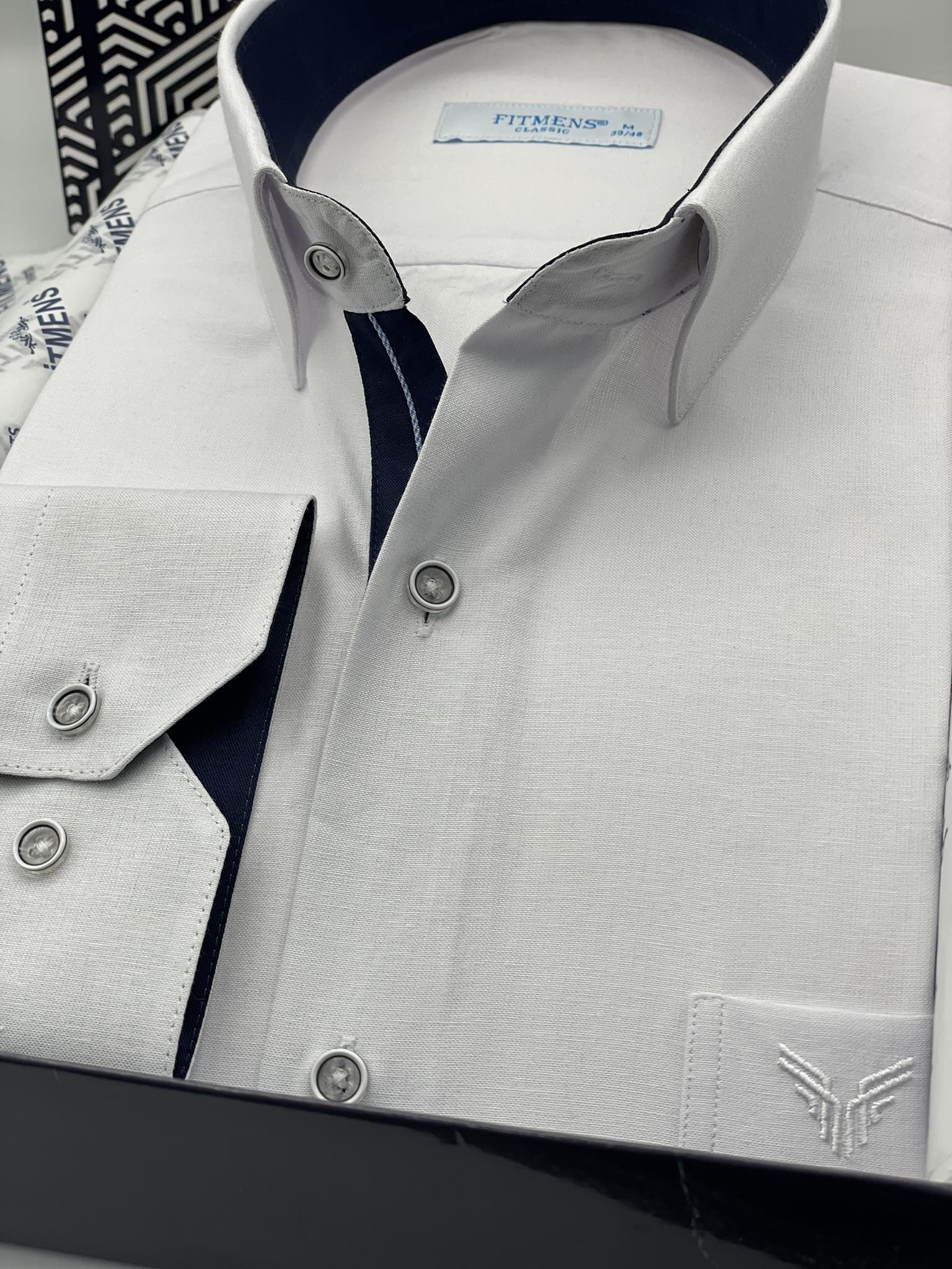 Klasik Uzun Kol Keten Cotton Hediye Kutulu Erkek Gömlek FS-001261 - Beyaz Lacivert