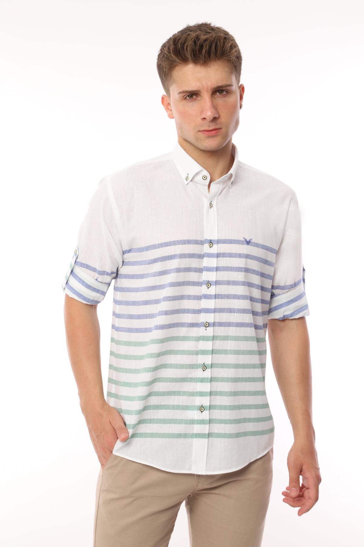 Slim Fit Uzun Kol Panolu Keten Hediye Kutulu Kolay Ütülenebilir Erkek Gömlek FS-002996 - Yeşil