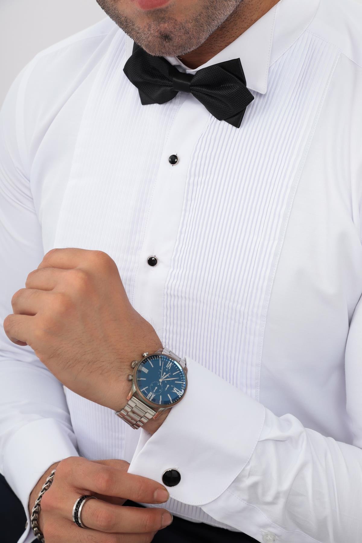 Slim Fit Uzun Kol Soft Saten Smokin Damatlık Erkek Hediye Kutulu Gömlek FS-001947 - Beyaz