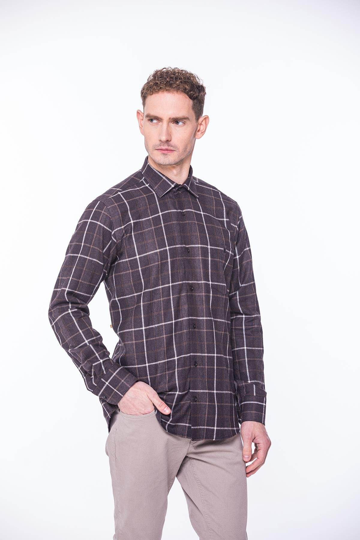 Klasik Uzun Kol Kışlık %100 Cotton Kareli Yaka Alttan Düğmeli Hediye Kutulu Erkek Gömlek FS-001990 - Kahverengi