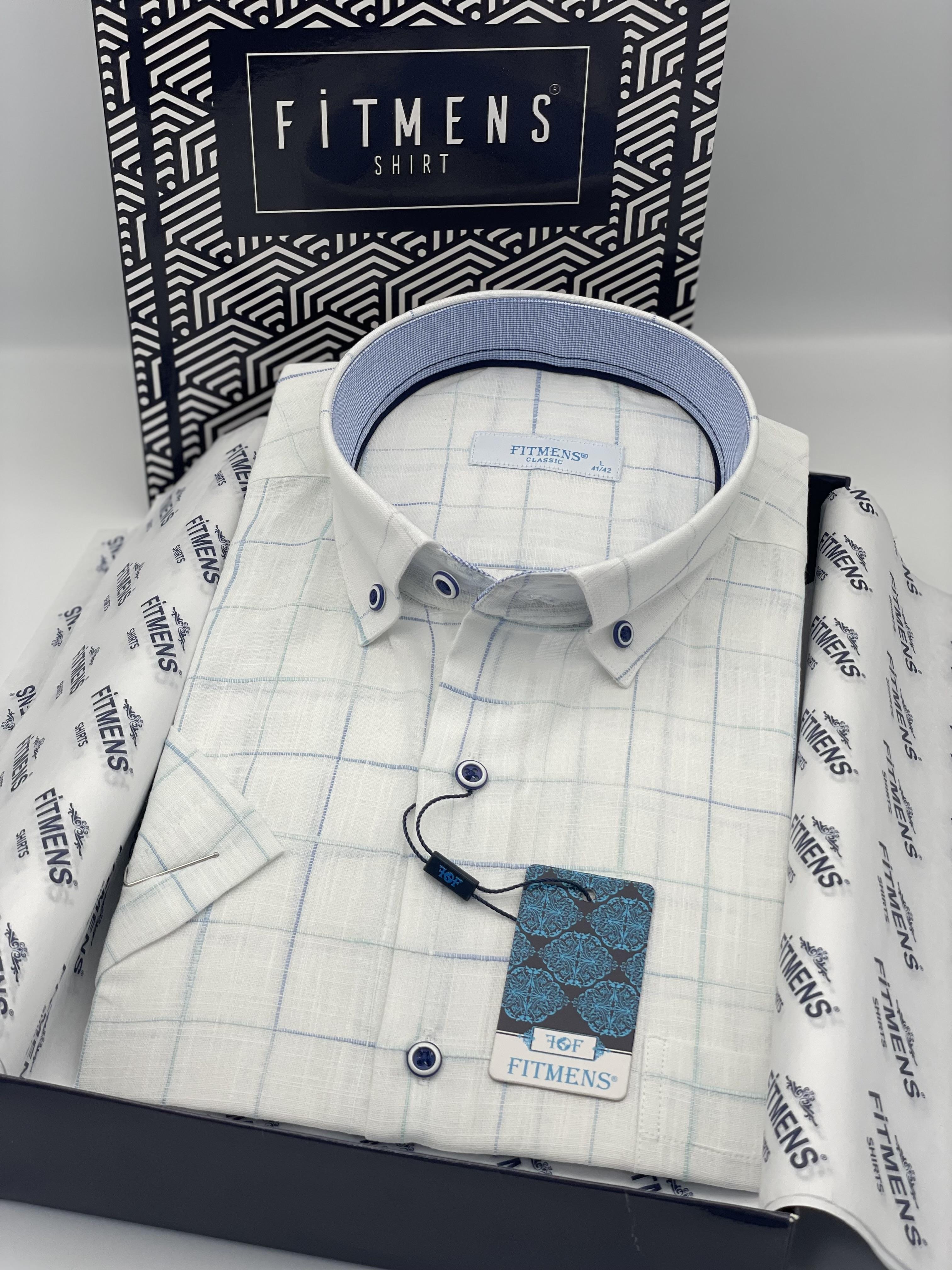 Klasik Kısa Kol Kareli Keten Cotton Yaka Düğmeli Hediye Kutulu Erkek Gömlek FS-003573 - Beyaz Mavi