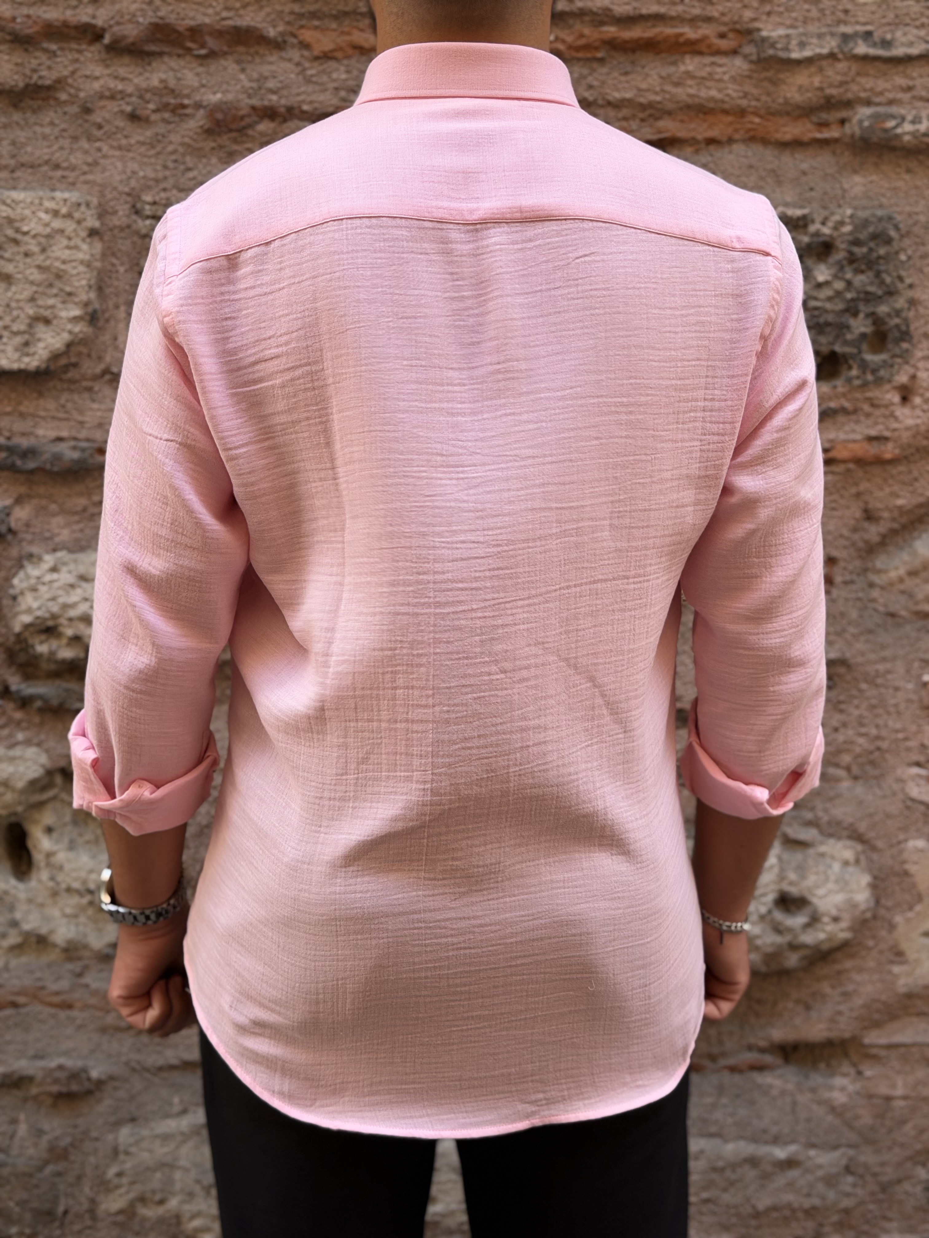 Slim Fit Uzun Kol Müslin Pamuk Rahat Nefes Alabilen Kumaştan Yaka Düğmeli Hediye Kutulu Erkek Gömlek FS-004202 - Pembe