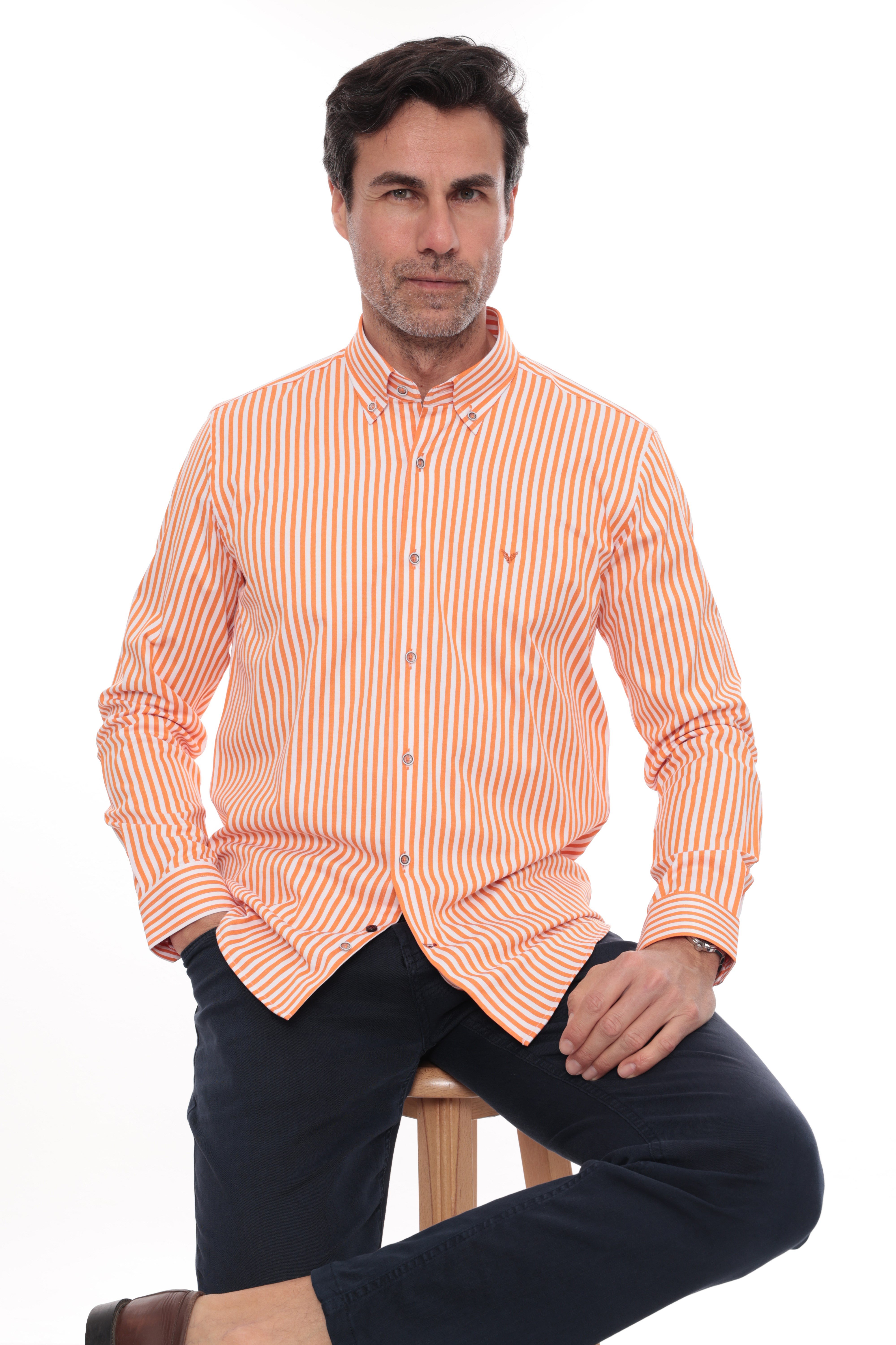 Slim Fit Uzun Kol Likralı Çizgili Yaka Düğmeli Hediye Kutulu Erkek Gömlek FS-003669 - Turuncu