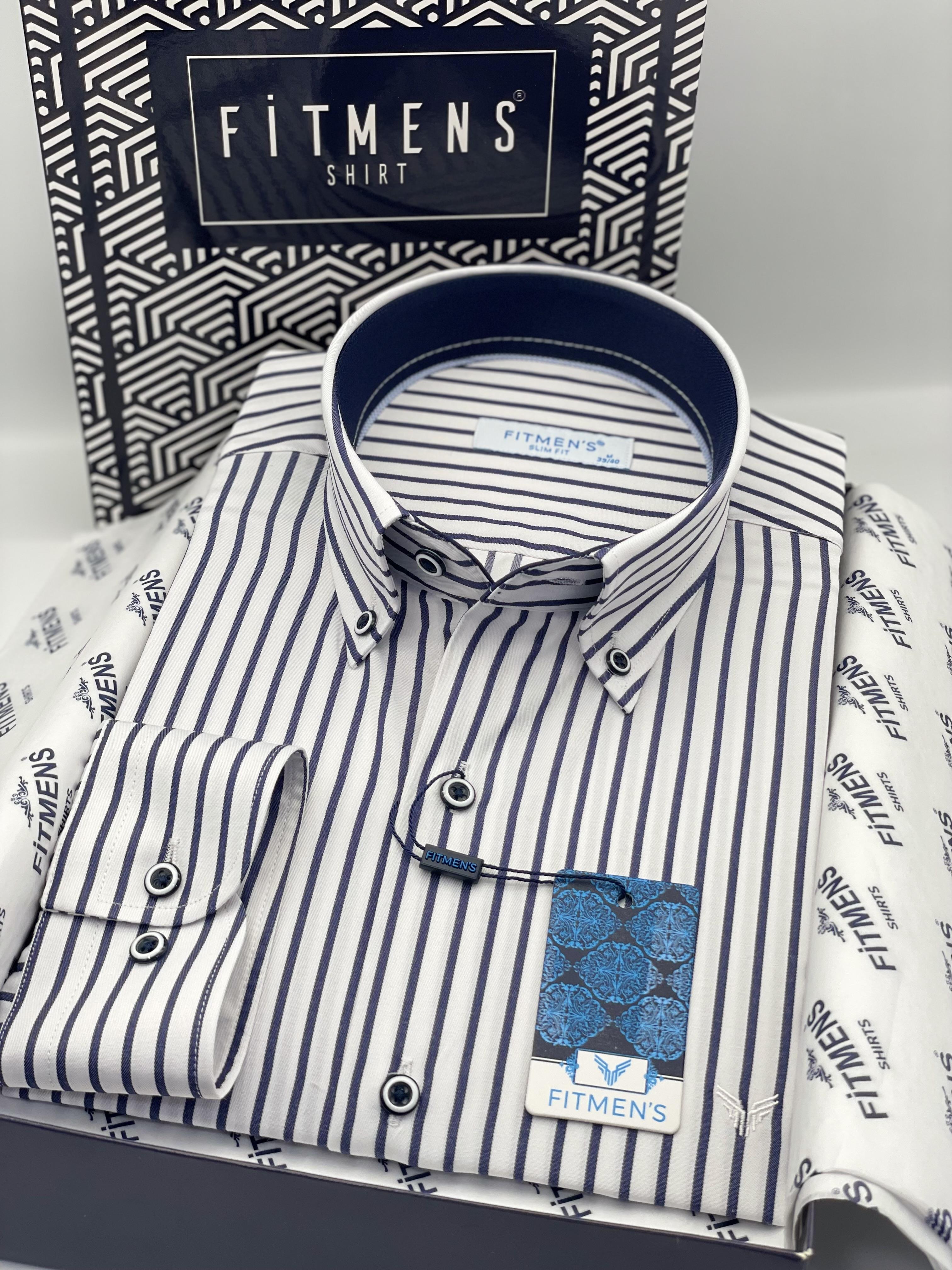 Slim Fit Uzun Kol Premium Kalın Çizgili Yaka Düğmeli Hediye Kutulu Kolay Ütülenebilir Erkek Gömlek FS-001375 - Beyaz Lacivert