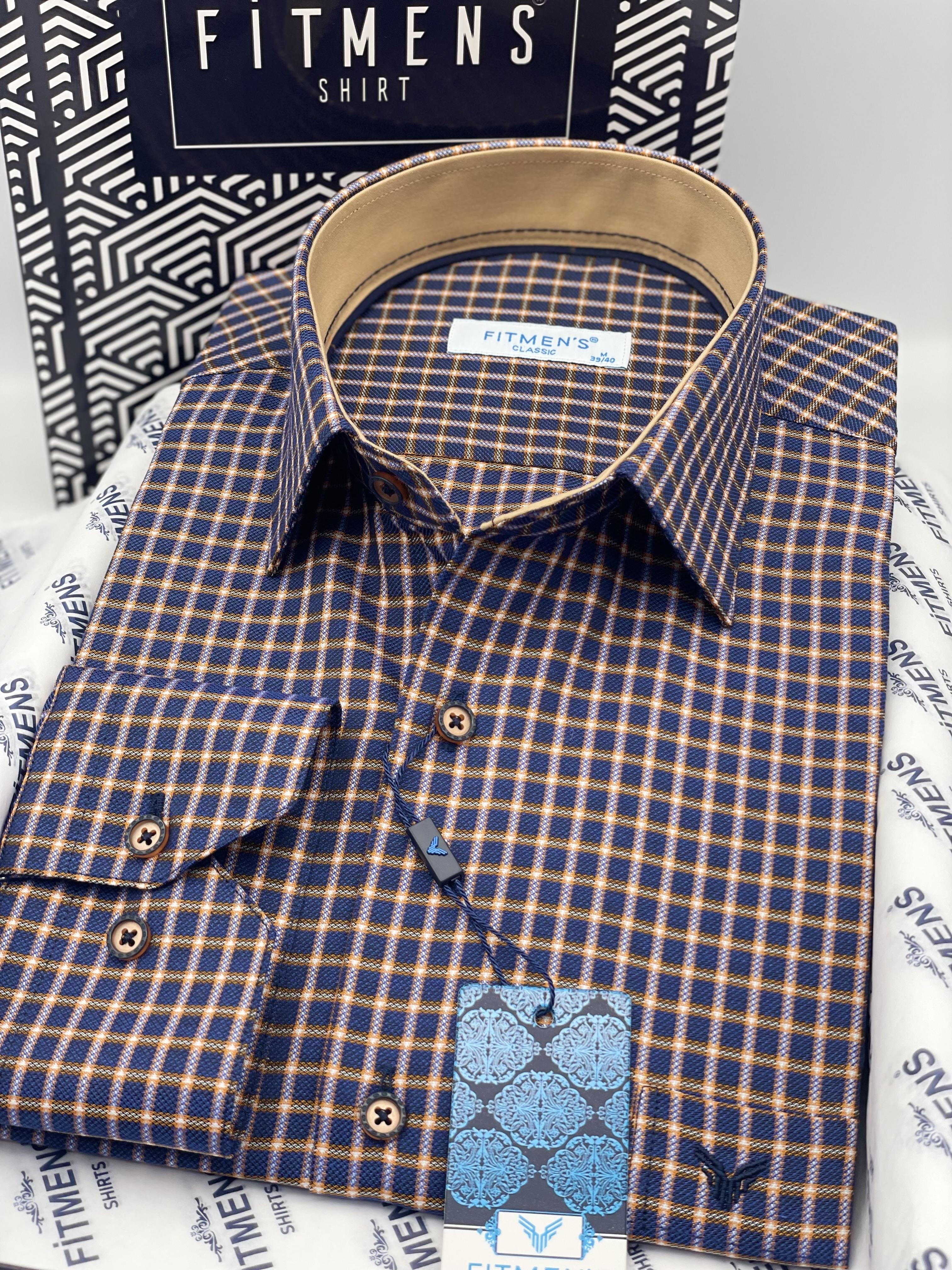 Klasik Geniş Kesim Uzun Kol Elegance Kareli Yaka Düğmeli Hediye Kutulu Erkek Gömlek FS-004341 - Lacivert Bej