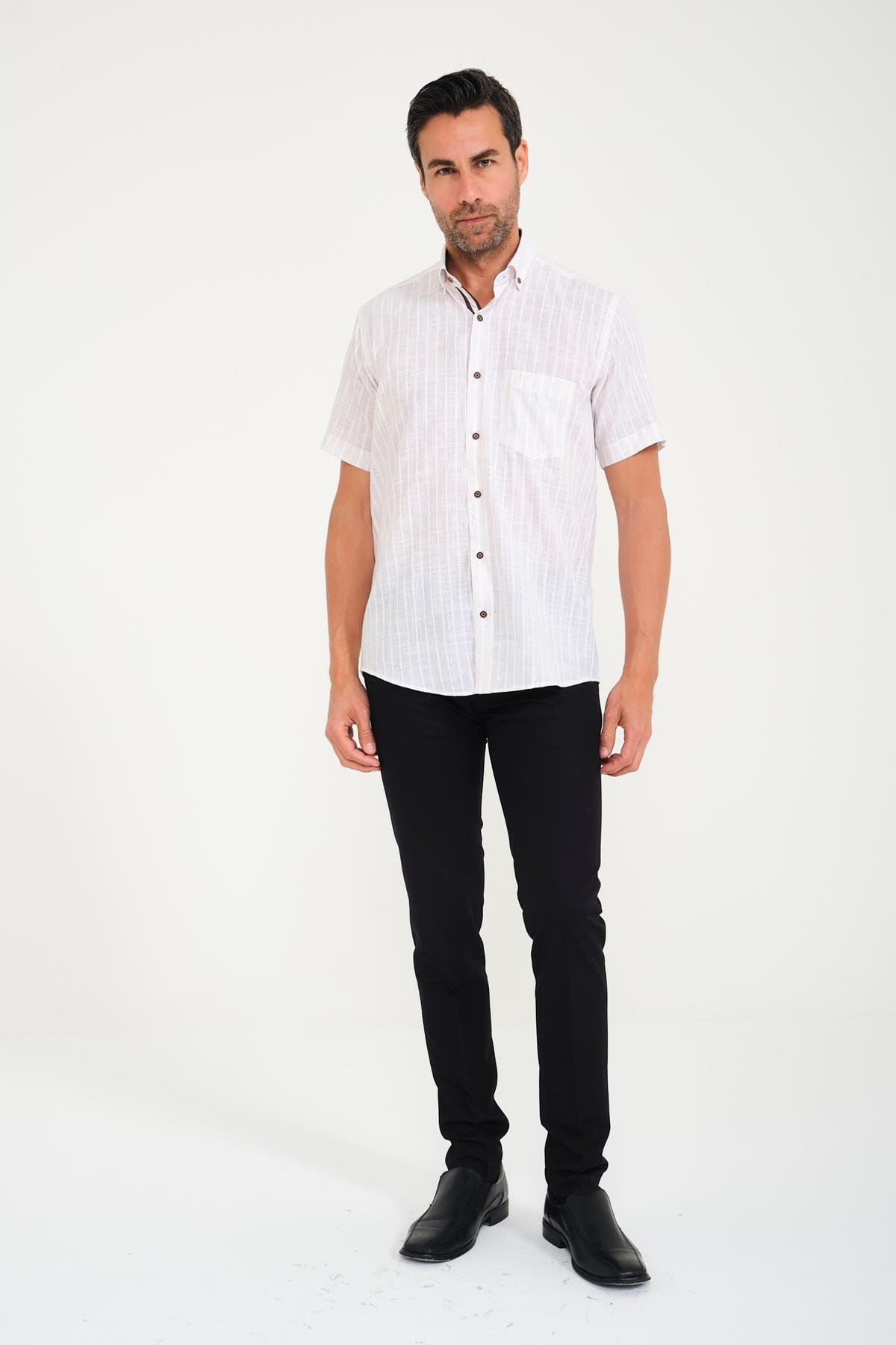 Klasik Kısa Kol Armür Çizgili Flam Keten Düğmeli Yaka Hediye Kutulu Erkek Gömlek FS-000678 - Ekru