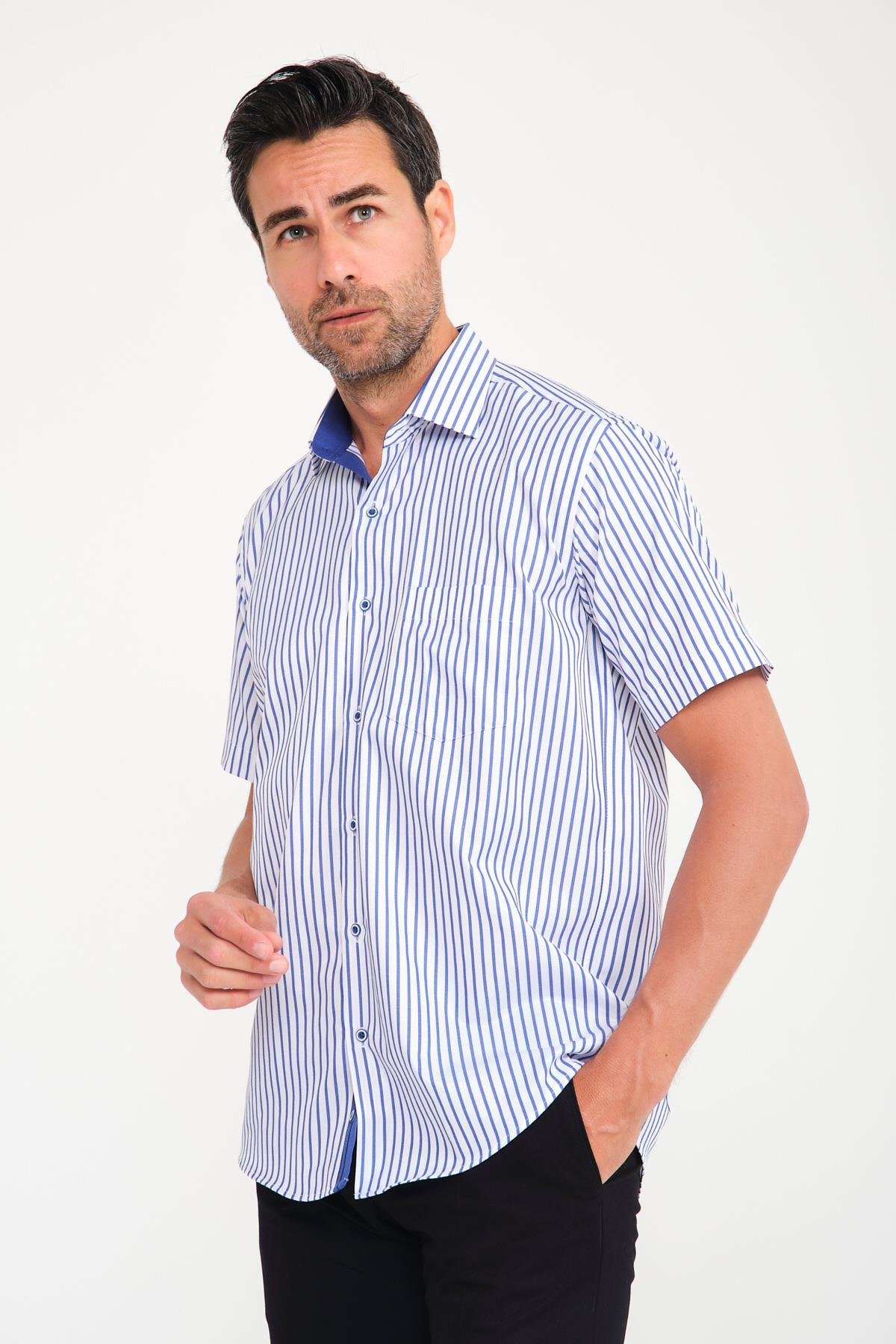 Klasik Kısa Kol Kalın Çizgili Hediye Kutulu Erkek Gömlek FS-000702 - Beyaz Saks Mavi