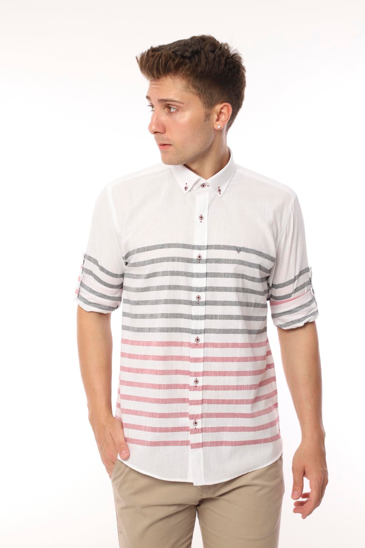 Slim Fit Uzun Kol Panolu Keten Hediye Kutulu Kolay Ütülenebilir Erkek Gömlek FS-002996 - Bordo