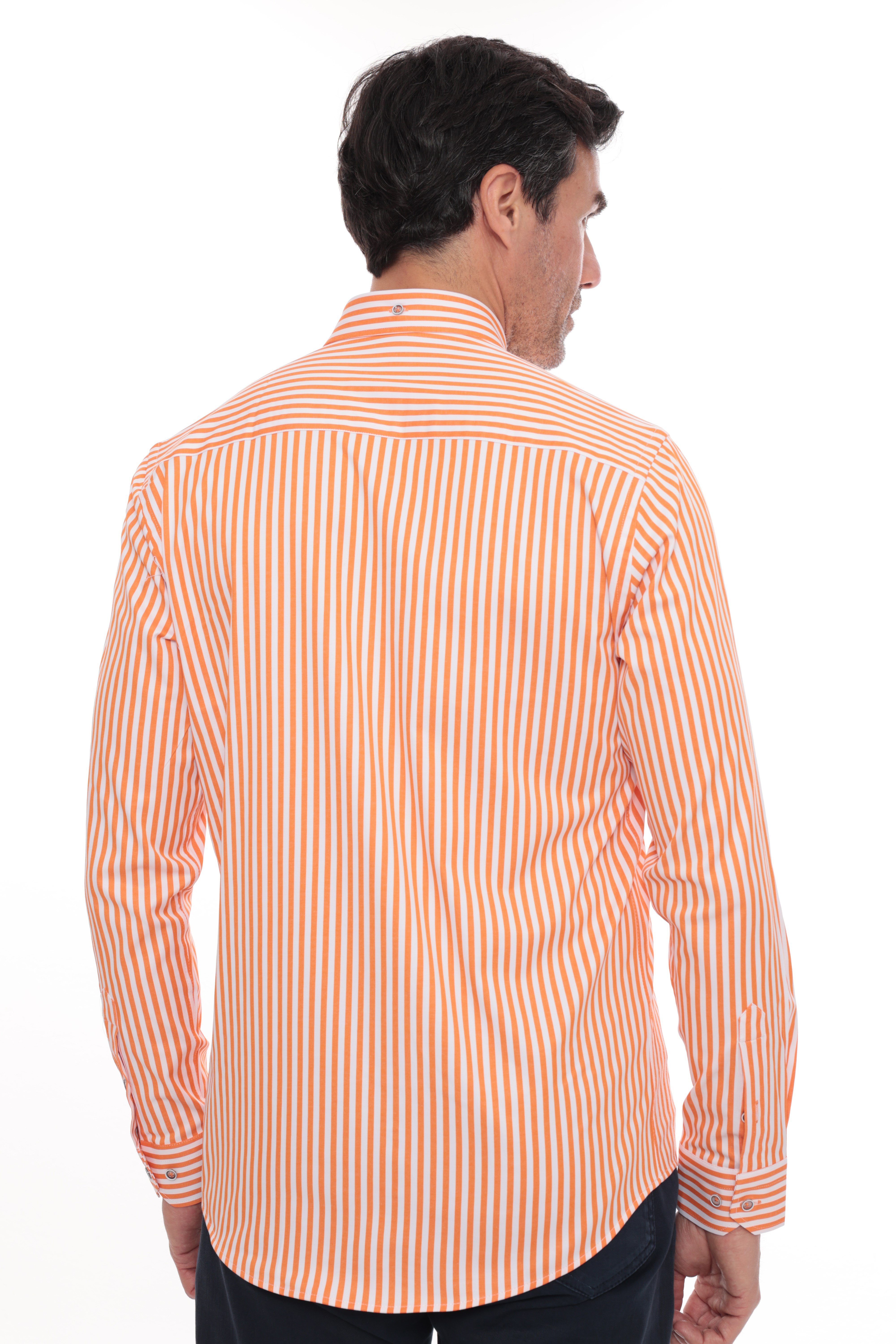 Slim Fit Uzun Kol Likralı Çizgili Yaka Düğmeli Hediye Kutulu Erkek Gömlek FS-003669 - Turuncu