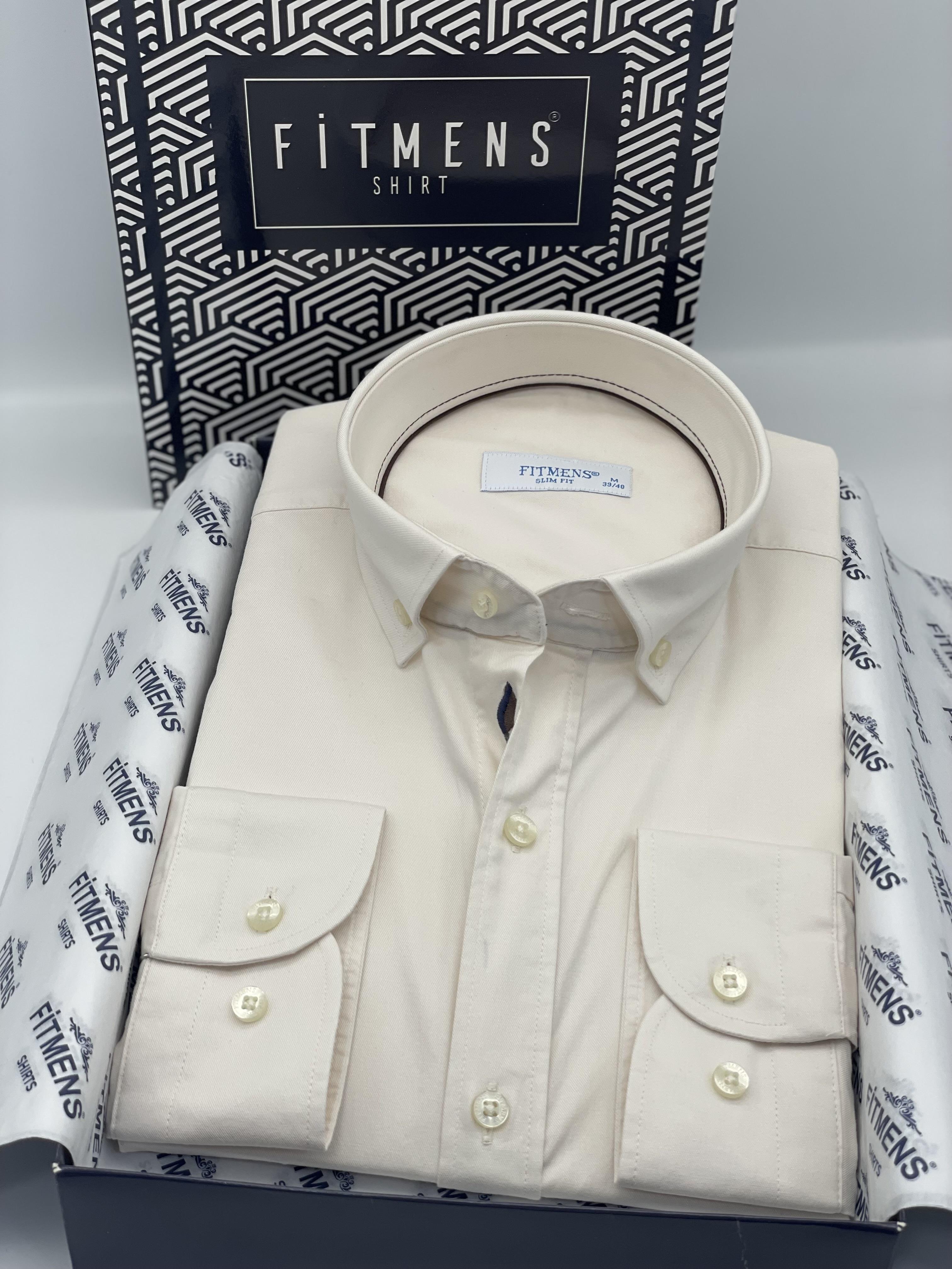 Slim Fit Uzun Kol Yıkamalı Gabardin Hediye Kutulu Erkek Gömlek FS-001364 - Krem