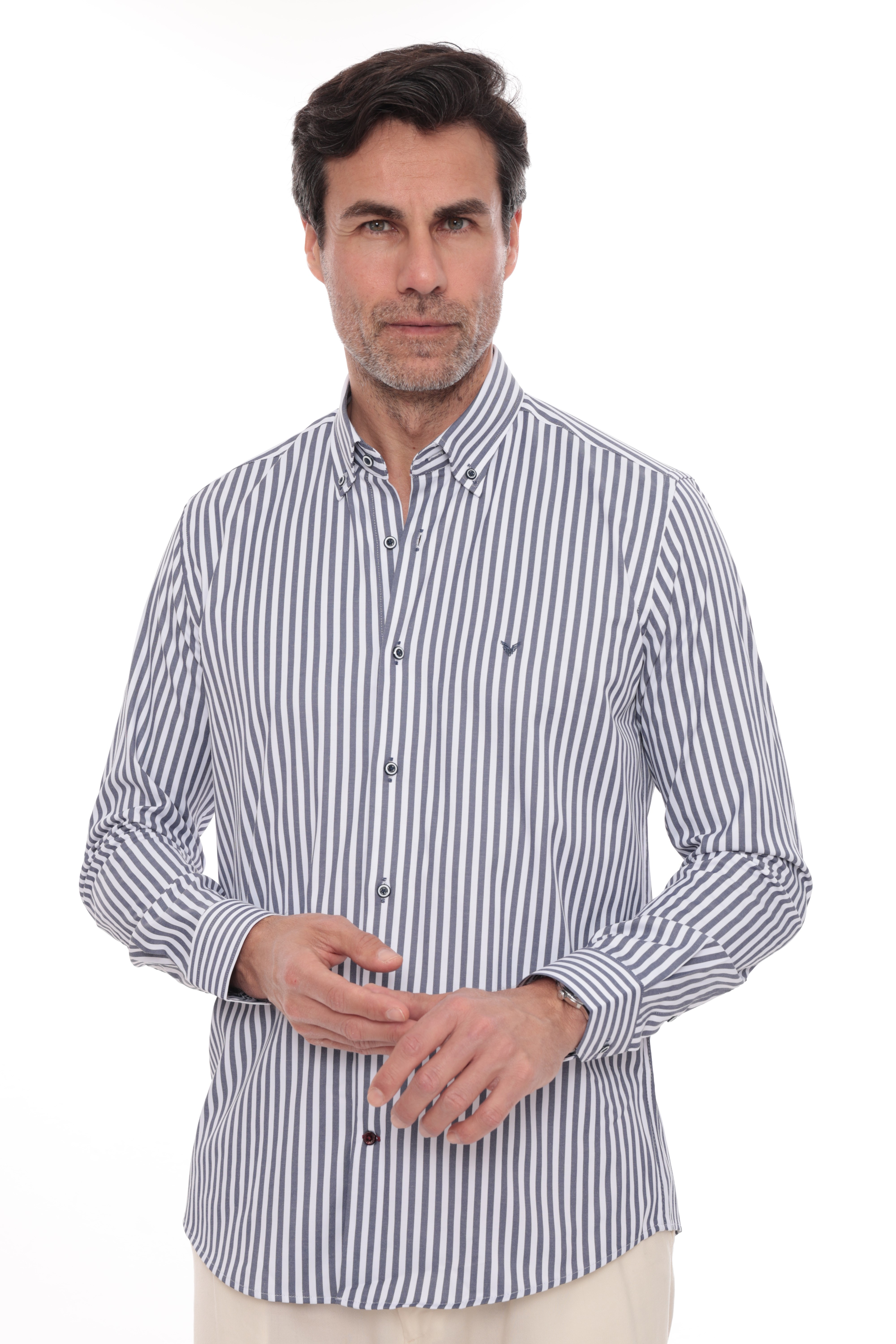 Slim Fit Uzun Kol Likralı Çizgili Yaka Düğmeli Hediye Kutulu Erkek Gömlek FS-003669 - Lacivert