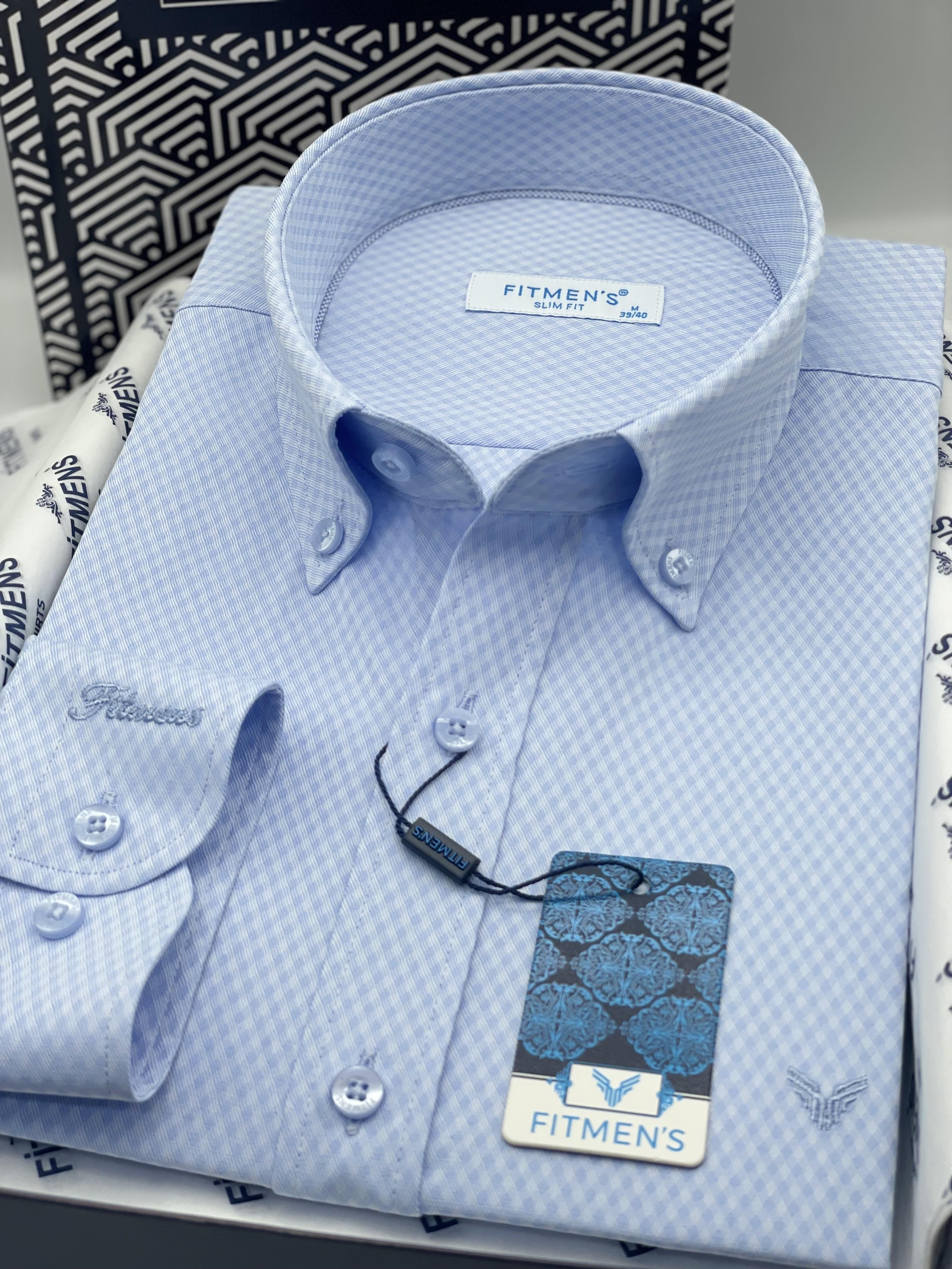 Slim Fit Uzun Kol Baklava Desen Kol Nakışlı Yaka Düğmeli Hediye Kutulu Şık Erkek Gömlek FS-004200 - Mavi