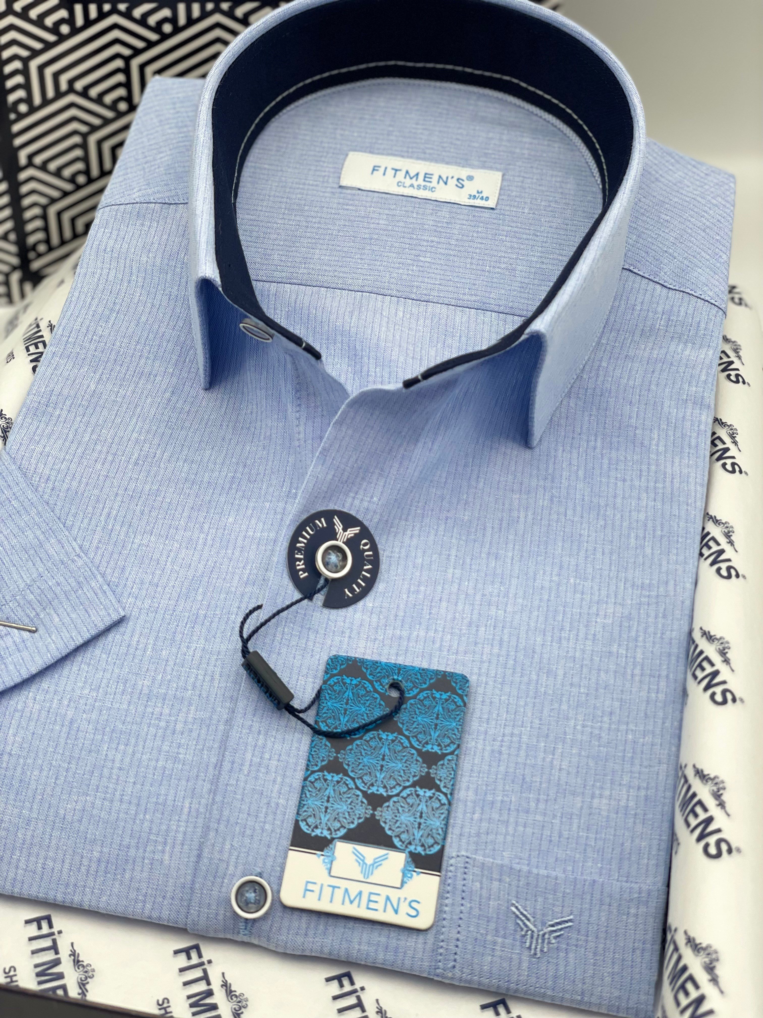 Klasik Kısa Kol Keten Cotton Hediye Kutulu Erkek Gömlek FS-003624 - Mavi