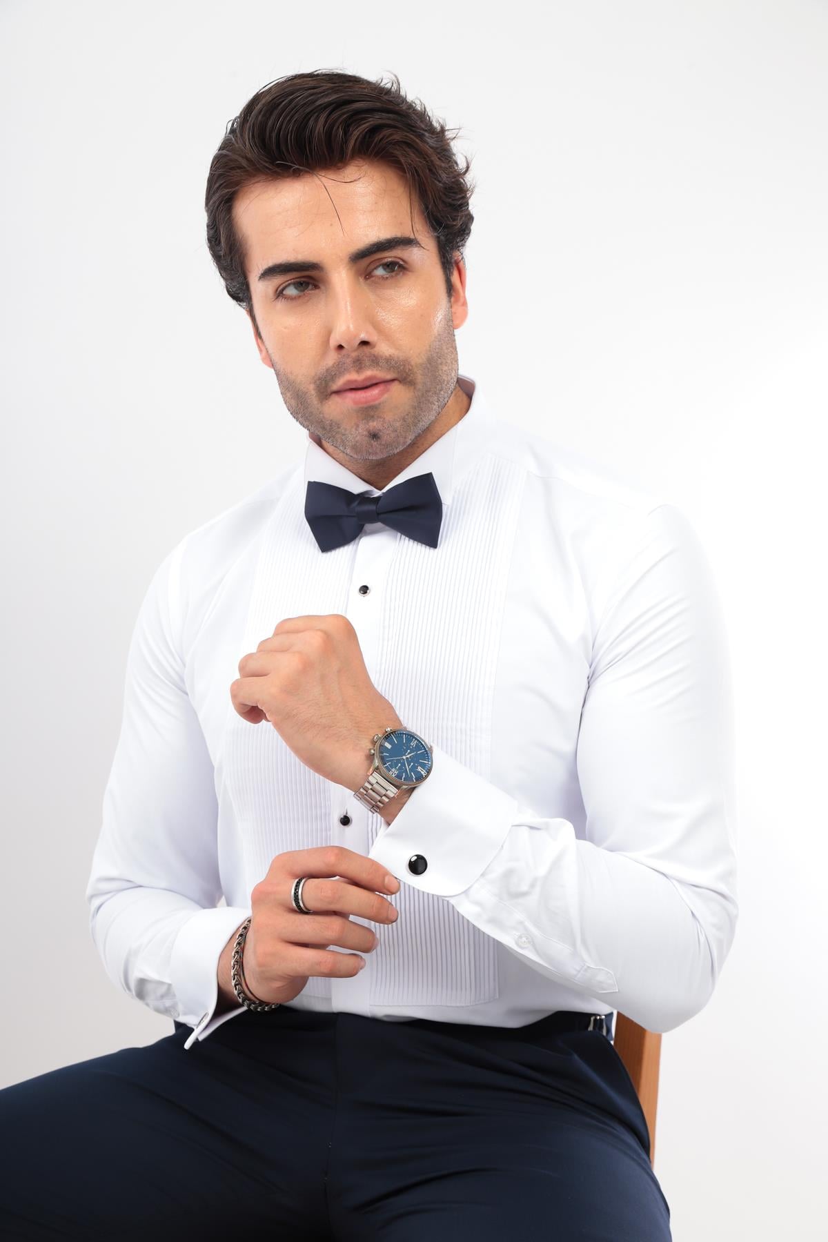 Slim Fit Uzun Kol Soft Saten Smokin Damatlık Erkek Hediye Kutulu Gömlek FS-001947 - Beyaz Lacivert