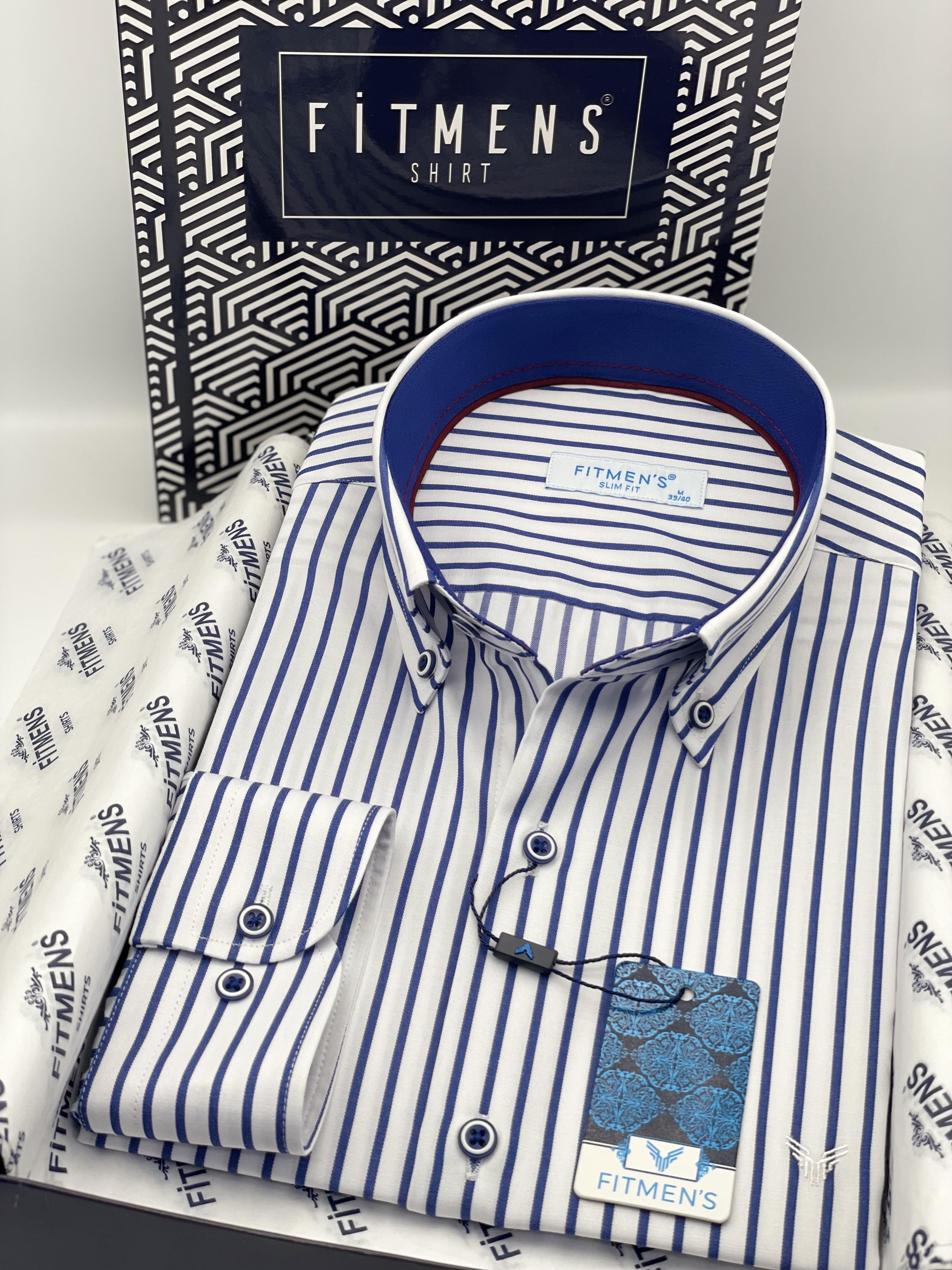 Slim Fit Uzun Kol Premium Kalın Çizgili Yaka Düğmeli Hediye Kutulu Kolay Ütülenebilir Erkek Gömlek FS-001375 - Beyaz Saks Mavi