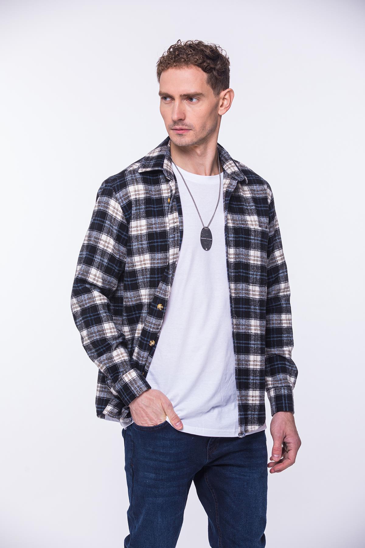 Oversize Oduncu Yumuşak Dokulu %100 Cotton Kareli Hediye Kutulu Erkek Gömlek FS-002203 - Lacivert