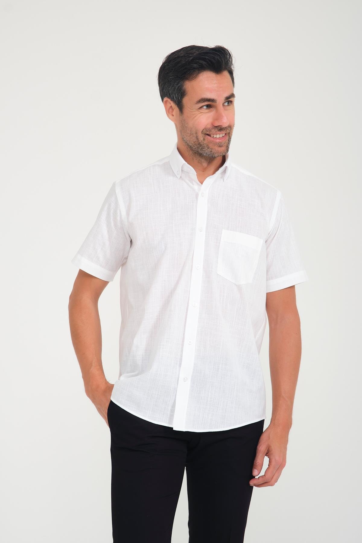 Klasik Kısa Kol Linen Keten Yaka Düğmeli Hediye Kutulu Erkek Gömlek FS-001202 - Ekru