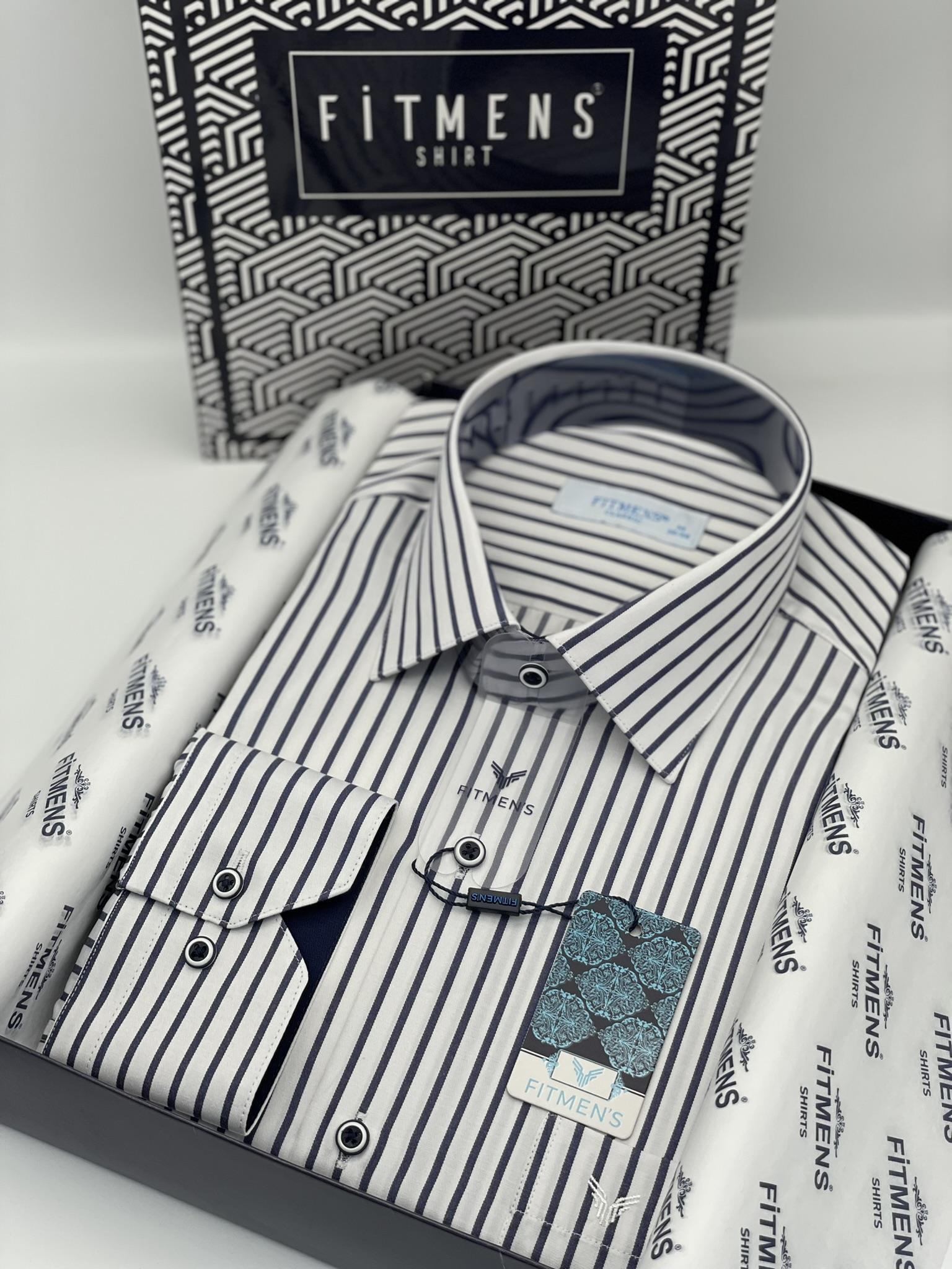 Klasik Uzun Kol Kalın Çizgili Hediye Kutulu Erkek Gömlek FS-001260 - Beyaz Lacivert