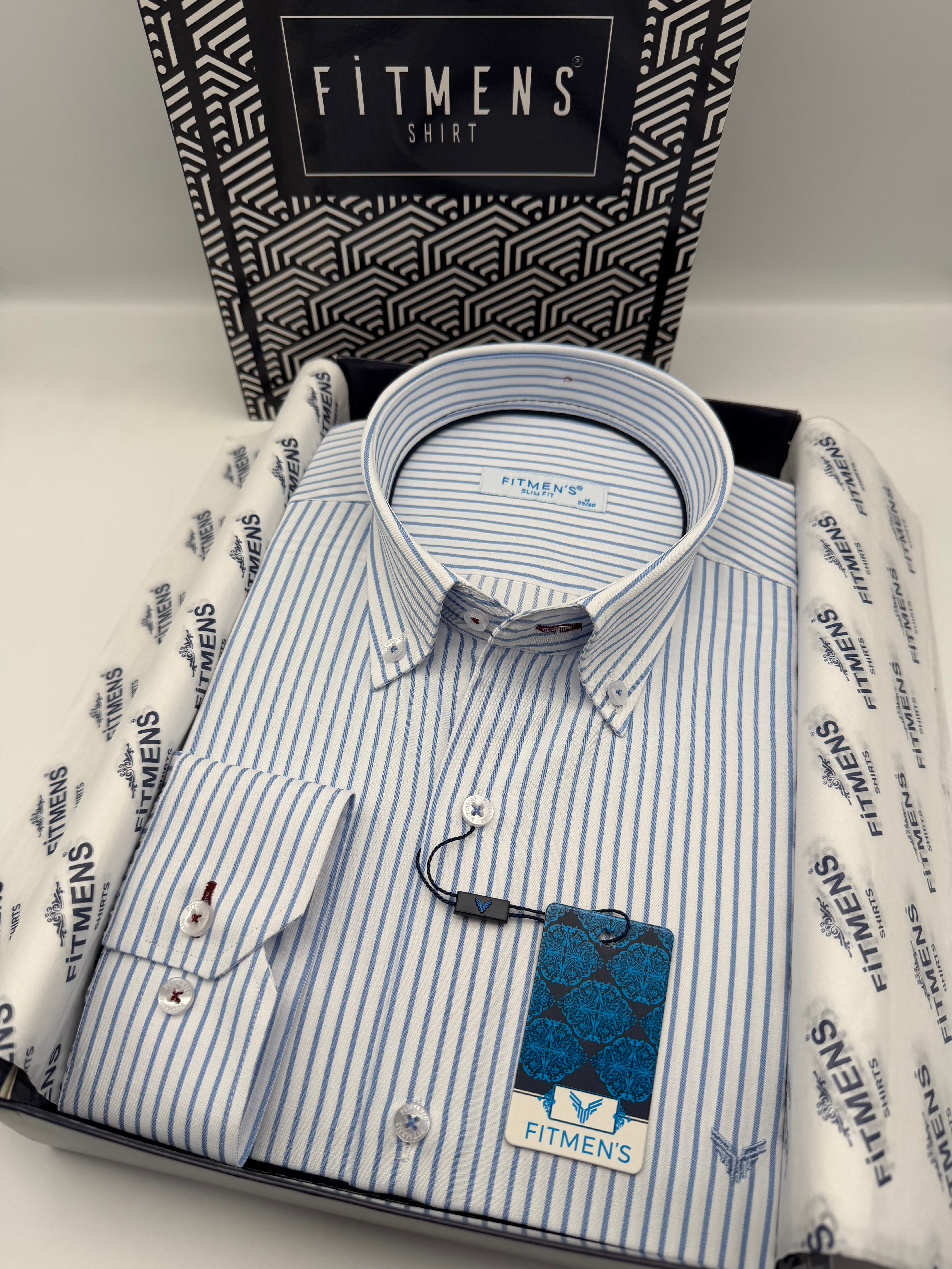 Slim Fit Uzun Kol Premium Çizgili Yaka Düğmeli Hediye Kutulu Erkek Gömlek FS-004440 - Açık Mavi