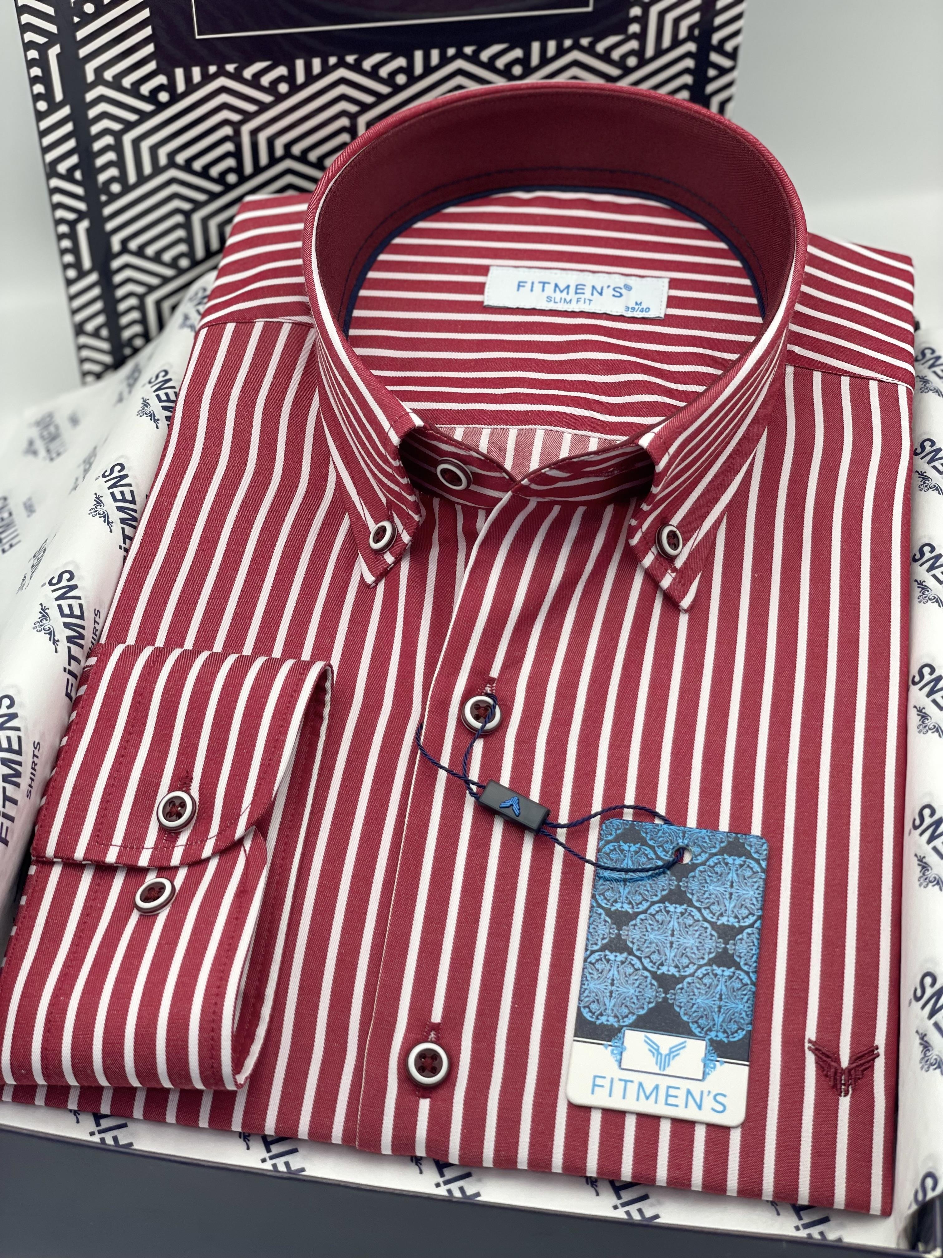 Slim Fit Uzun Kol Premium Kalın Çizgili Yaka Düğmeli Hediye Kutulu Kolay Ütülenebilir Erkek Gömlek FS-001375 - Bordo