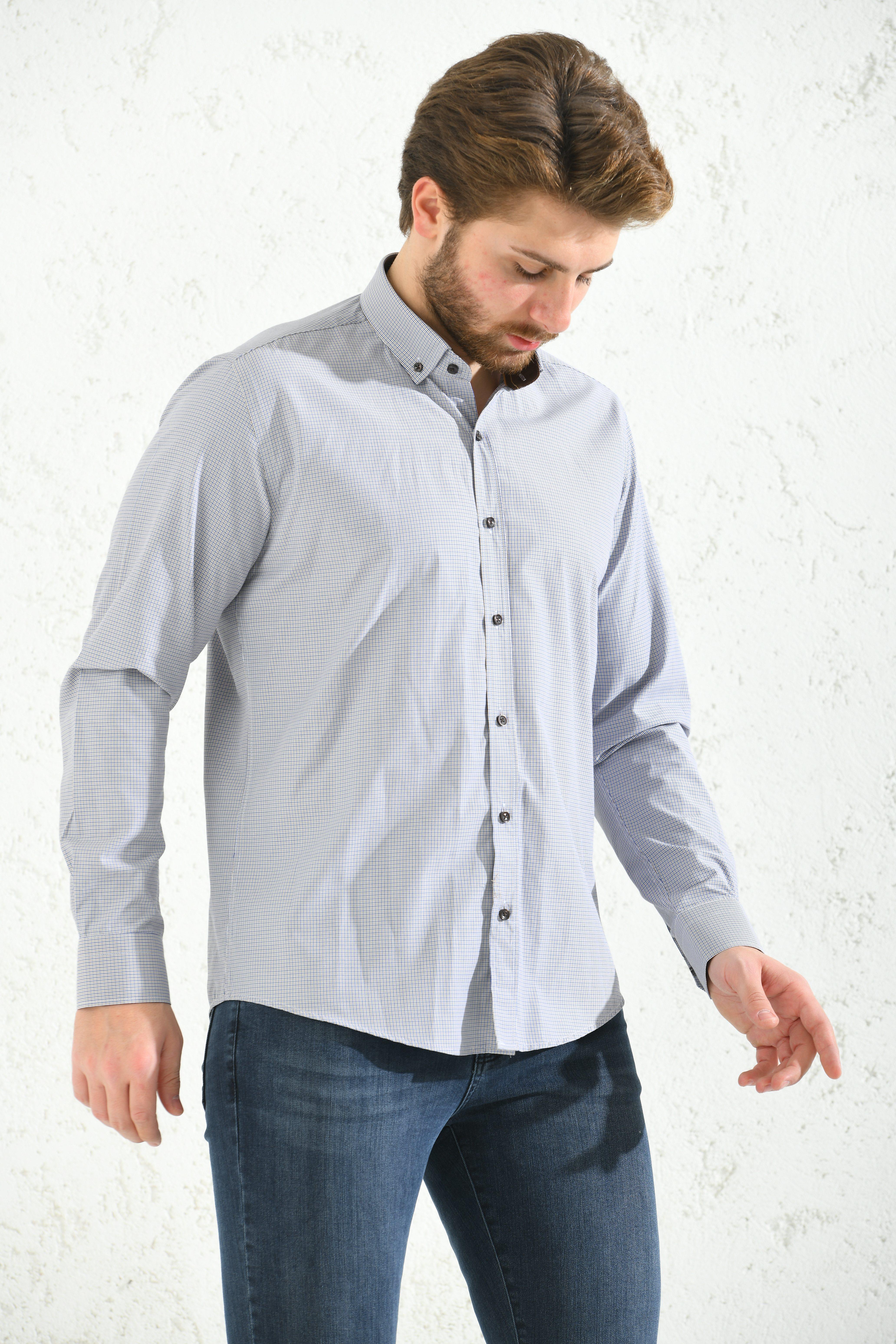 Slim Fit Uzun Kol Pöti Kareli Yaka Düğmeli Hediye Kutulu Erkek Gömlek FS-001373 - Kahverengi