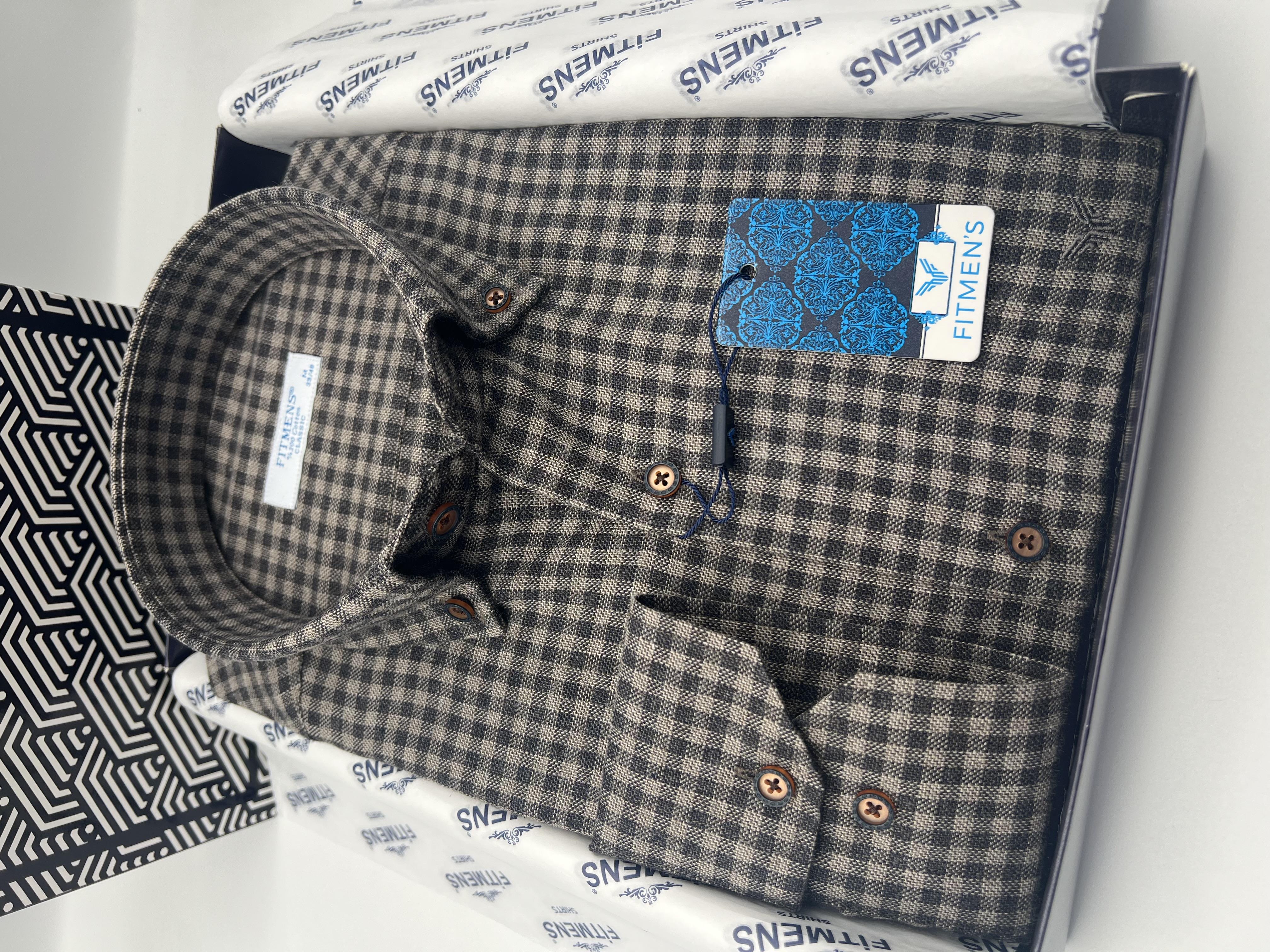 Klasik Uzun Kol Kışlık %100 Cotton Kareli Yaka Düğmeli Hediye Kutulu Erkek Gömlek FS-003127 - Kahverengi
