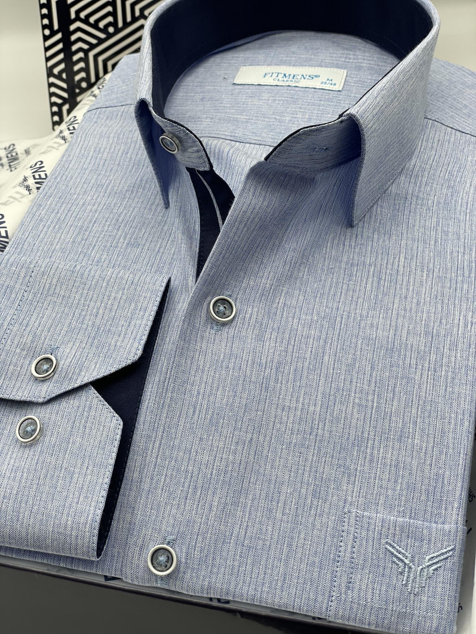 Klasik Uzun Kol Keten Cotton Hediye Kutulu Erkek Gömlek FS-001261 - Mavi