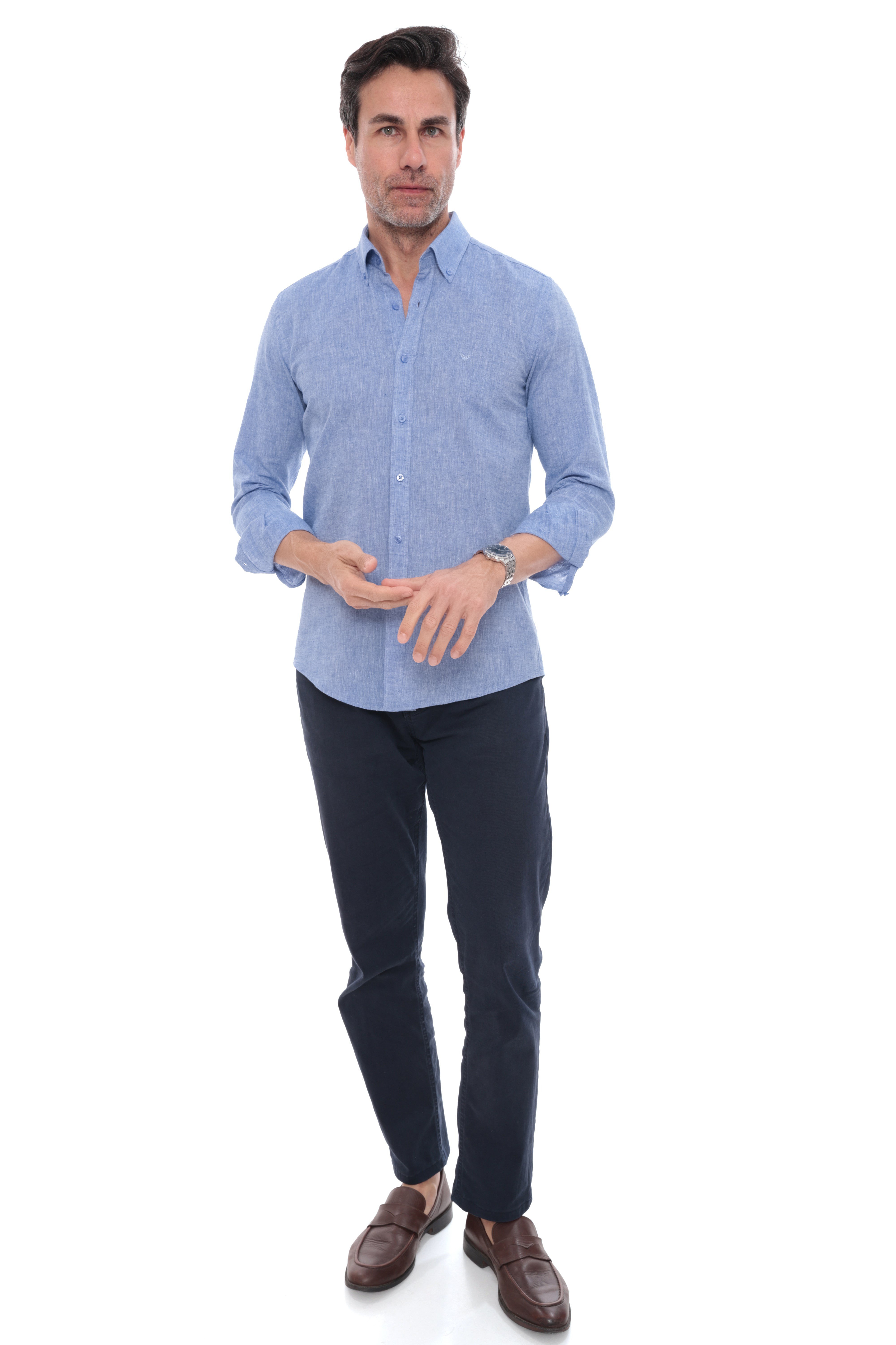 Slim Fit Uzun Kol Yaka Düğmeli Nefes Alan Keten Hediye Kutulu Erkek Gömlek FS-004548 - Koyu Mavi