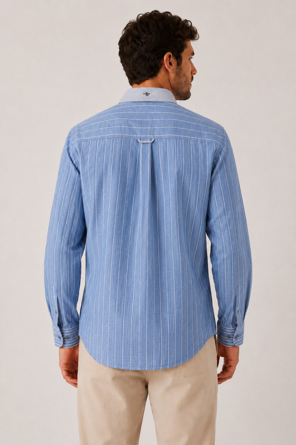 Slim Fit Uzun Kol Çift Desen Yaka Düğmeli Keten Likra Cepsiz Hediye Kutulu Erkek Gömlek FS-004578 - Açık Mavi