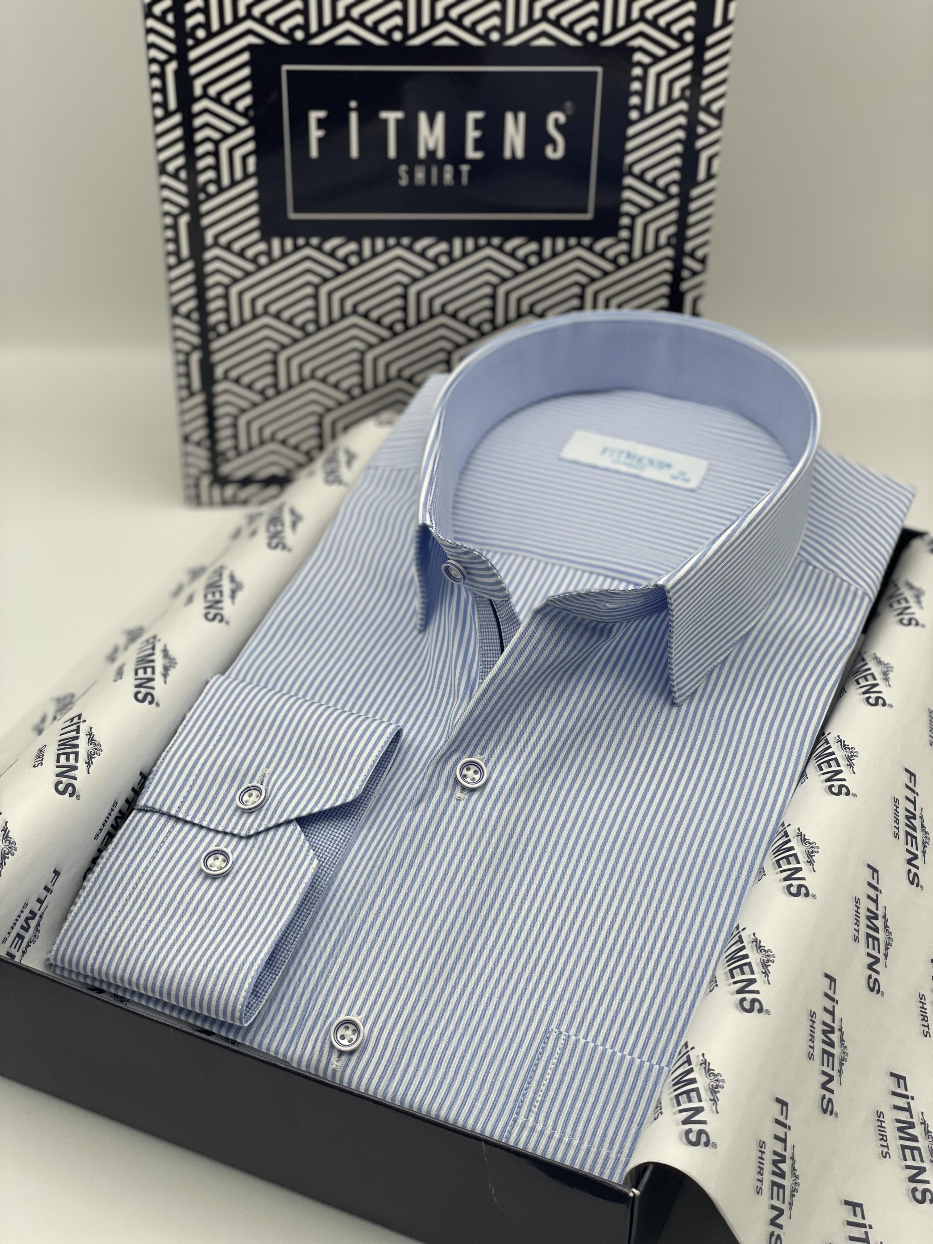 Klasik Uzun Kol İnce Çizgili Cepli Hediye Kutulu Erkek Gömlek FS-003317 - Beyaz Açık Mavi