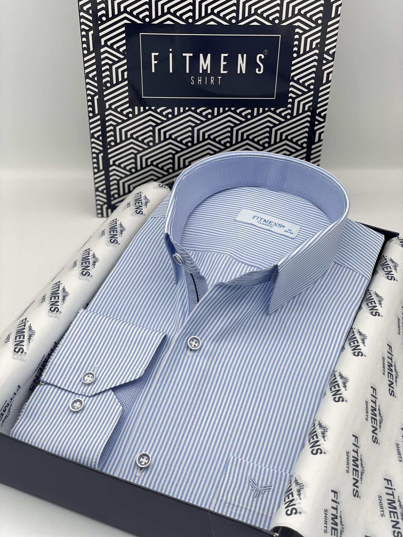 Klasik Uzun Kol İnce Çizgili Cepli Hediye Kutulu Erkek Gömlek FS-003317 - Beyaz Açık Mavi