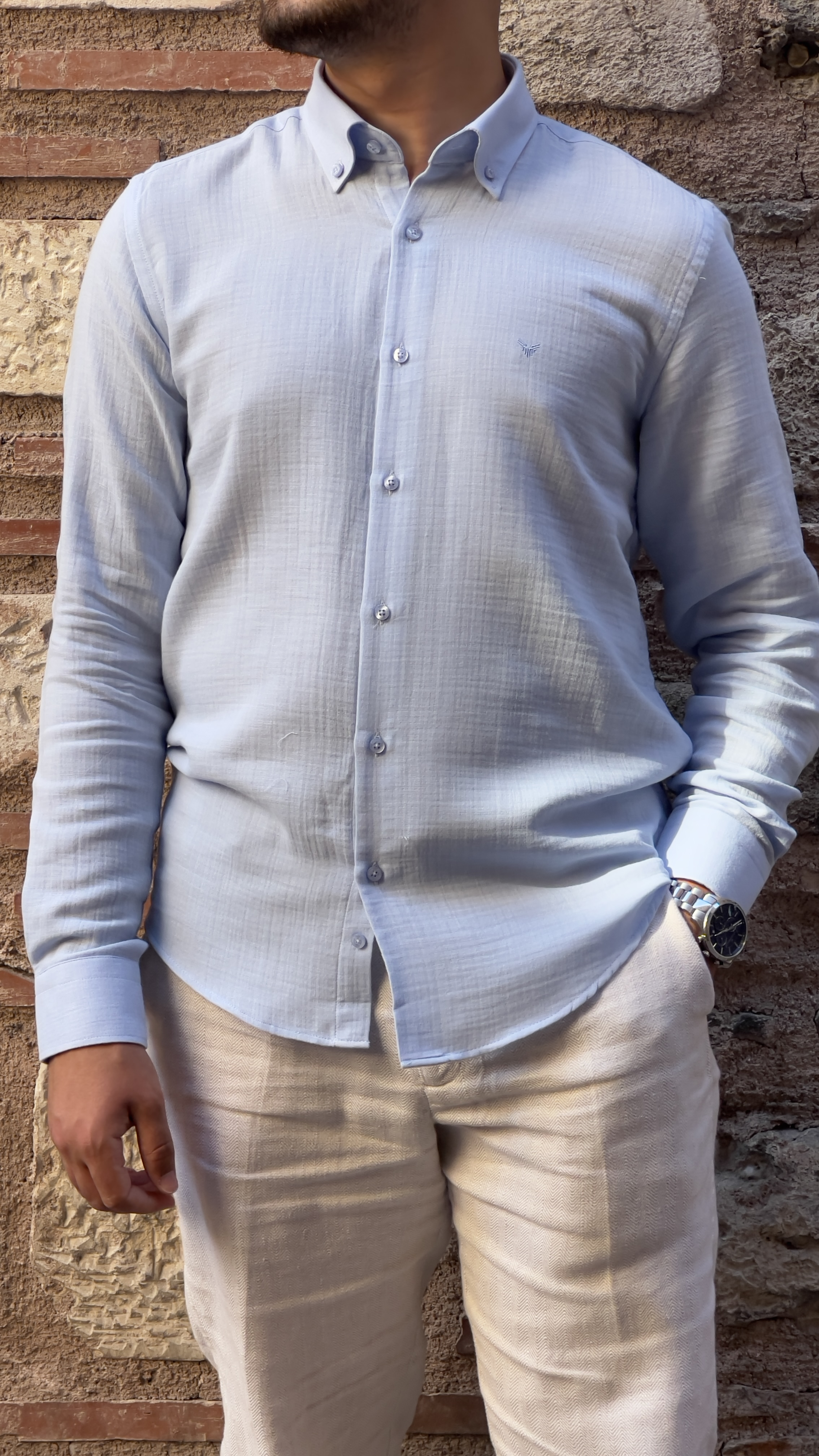 Slim Fit Uzun Kol Müslin Pamuk Rahat Nefes Alabilen Kumaştan Yaka Düğmeli Hediye Kutulu Erkek Gömlek FS-004202 - Açık Mavi