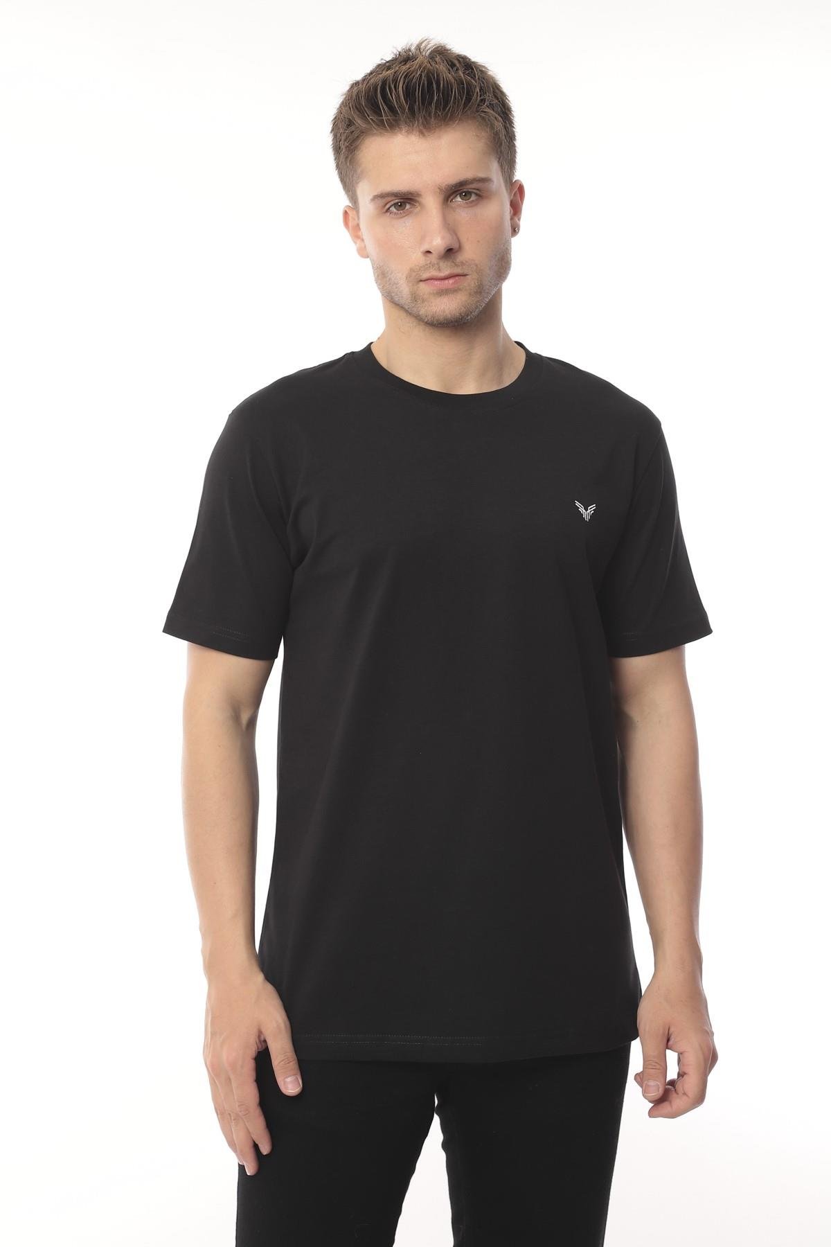 Slim Fit Kısa Kol Nakışlı %100 Pamuklu T-Shirt FS-003011 - Siyah