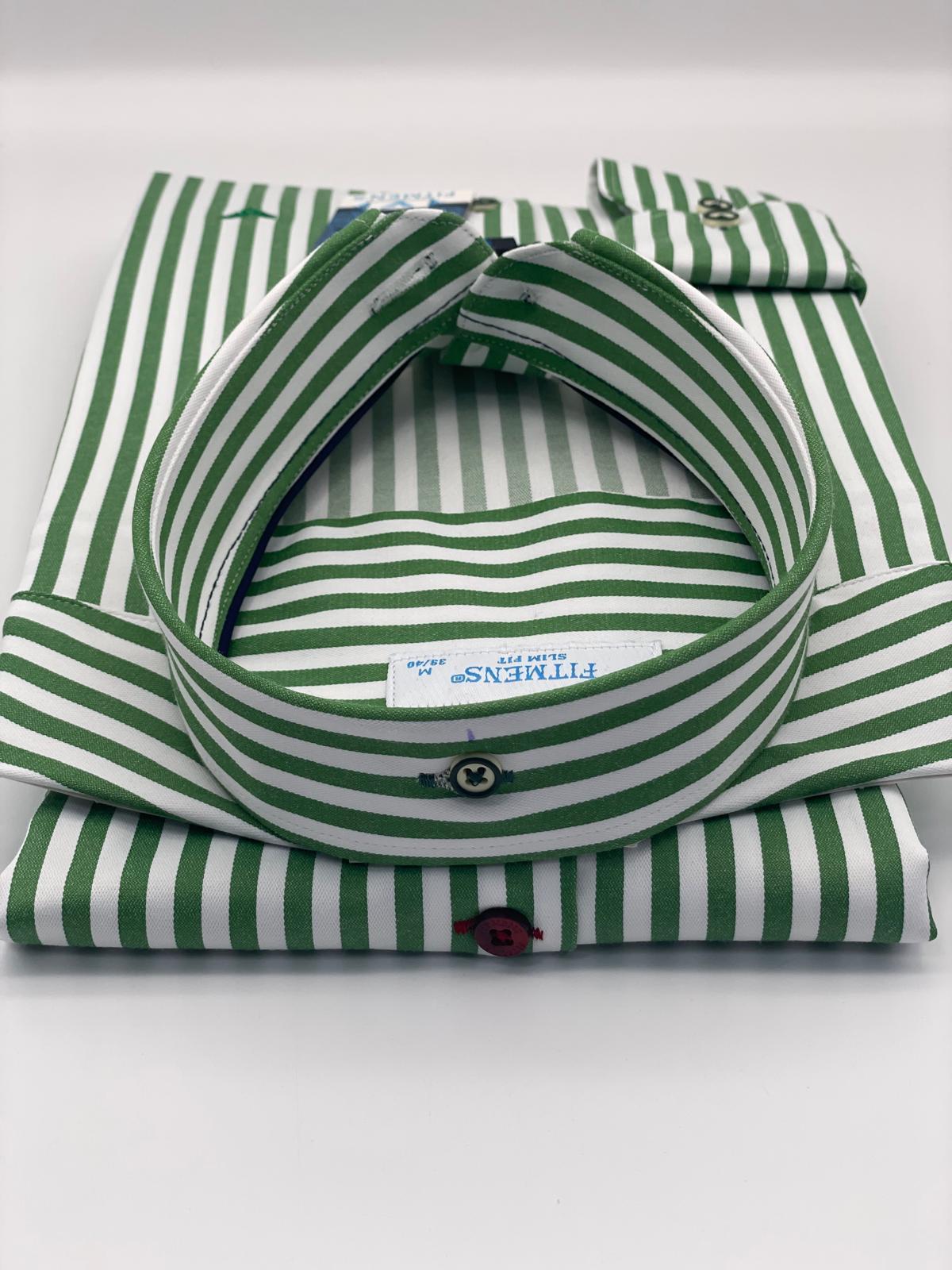 Slim Fit Uzun Kol Likralı Çizgili Yaka Düğmeli Hediye Kutulu Erkek Gömlek FS-003669 - Yeşil