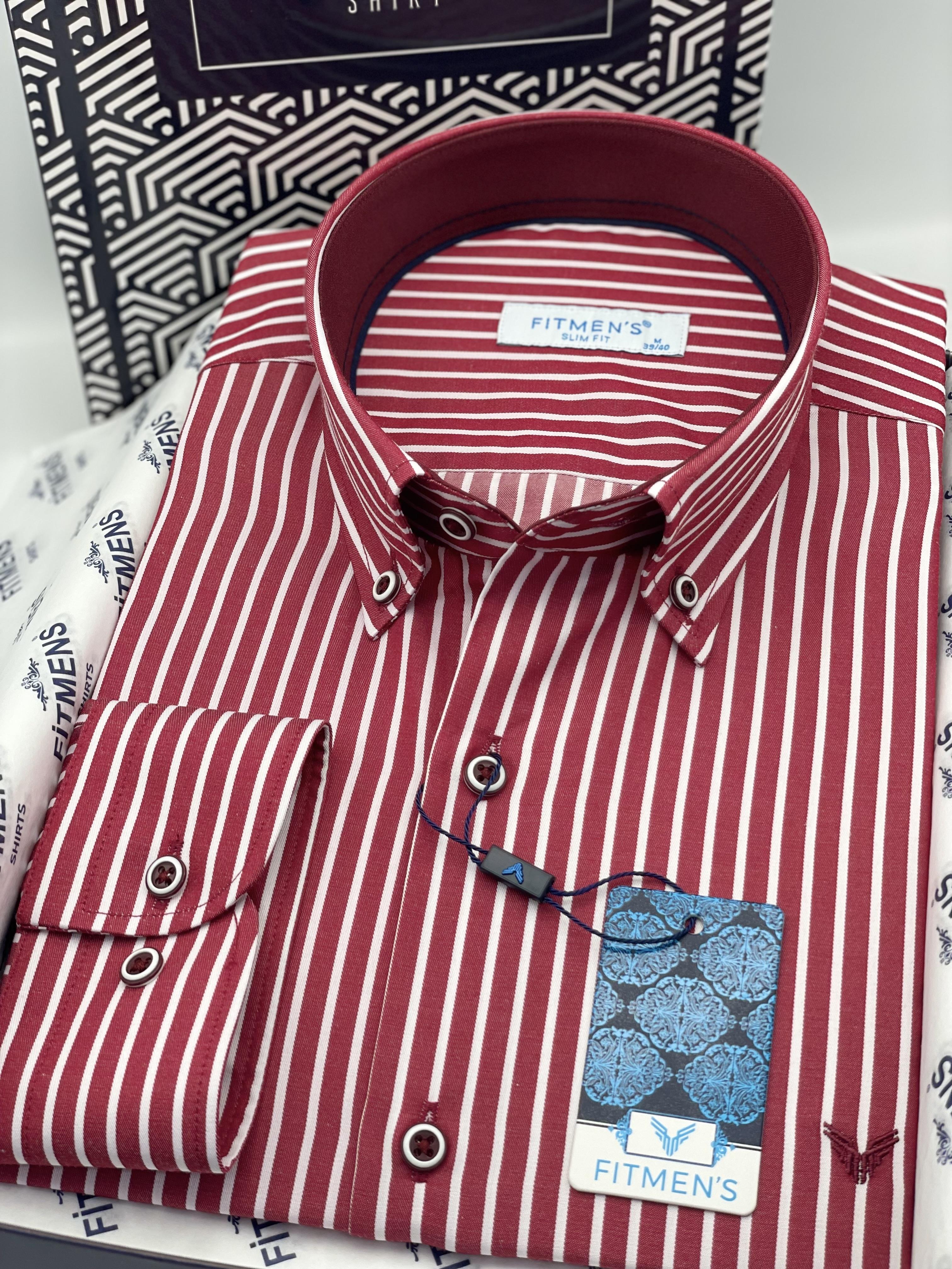 Slim Fit Uzun Kol Premium Kalın Çizgili Yaka Düğmeli Hediye Kutulu Kolay Ütülenebilir Erkek Gömlek FS-001375 - Bordo