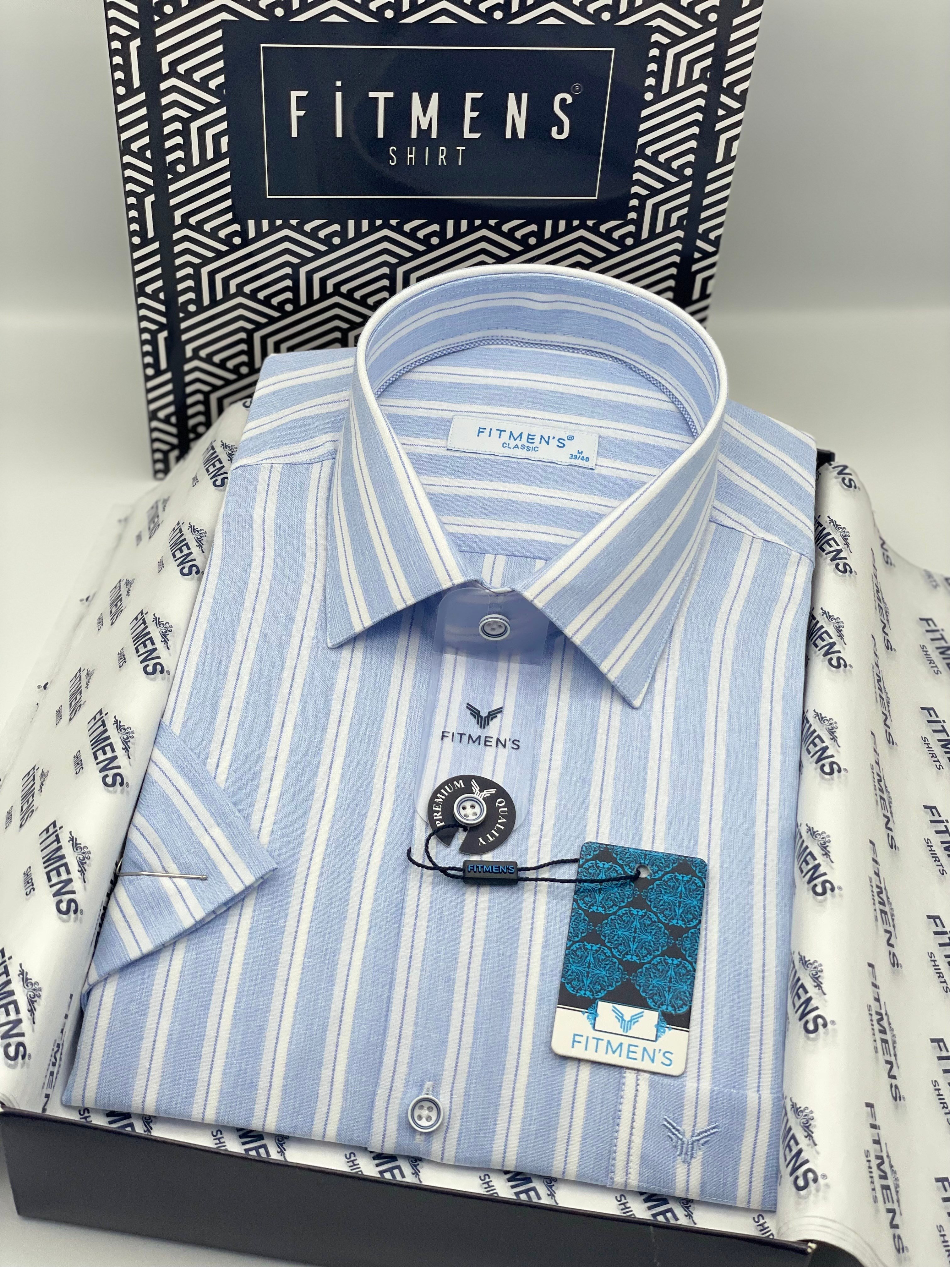 Klasik Kısa Kol Keten Cotton Nefes Alan Kumaş Hediye Kutulu Erkek Gömlek FS-004574 - Açık Mavi