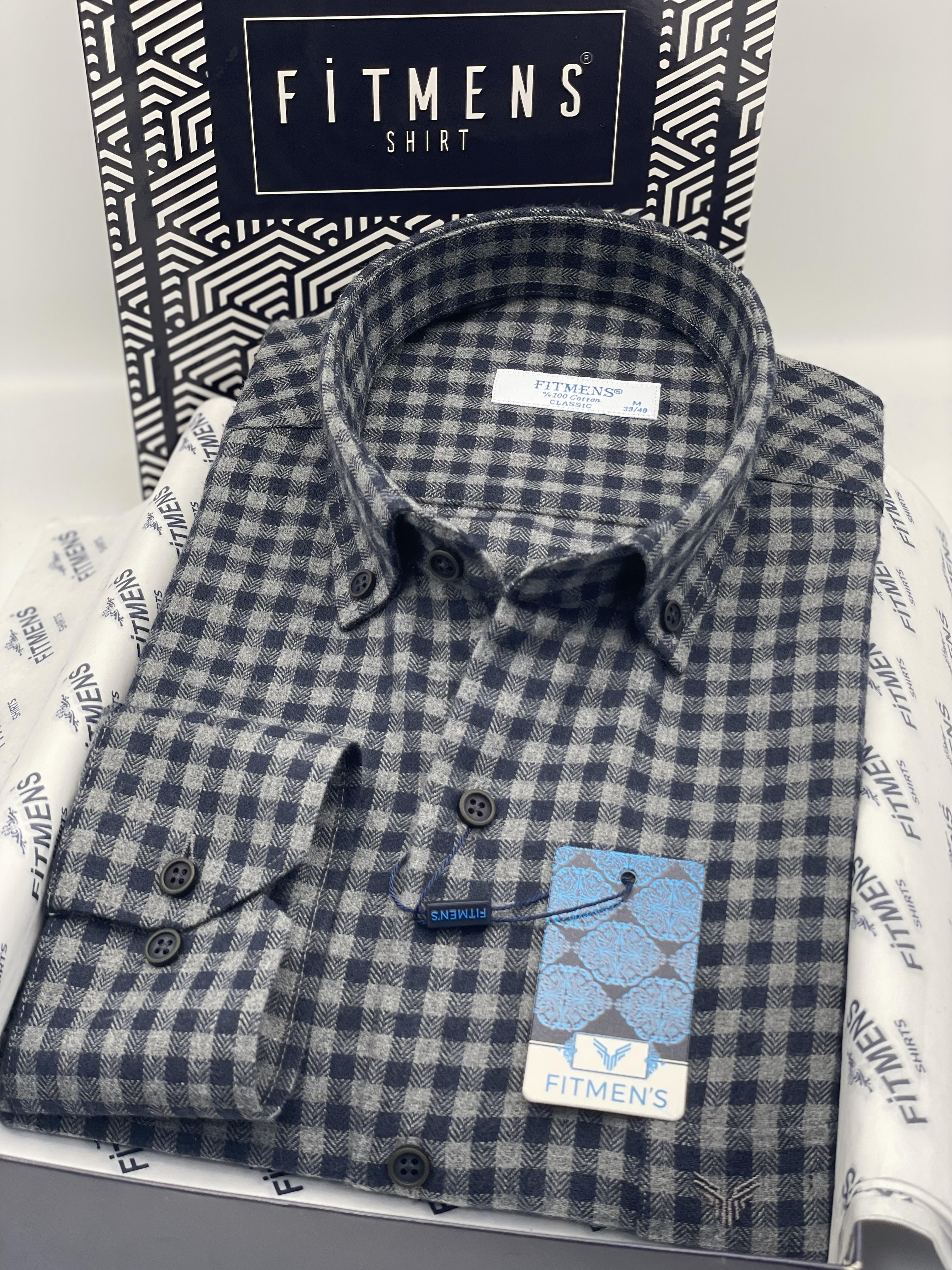 Klasik Uzun Kol Kışlık %100 Cotton Kareli Yaka Düğmeli Pamuklu Hediye Kutulu Erkek Gömlek FS-003128 - Lacivert