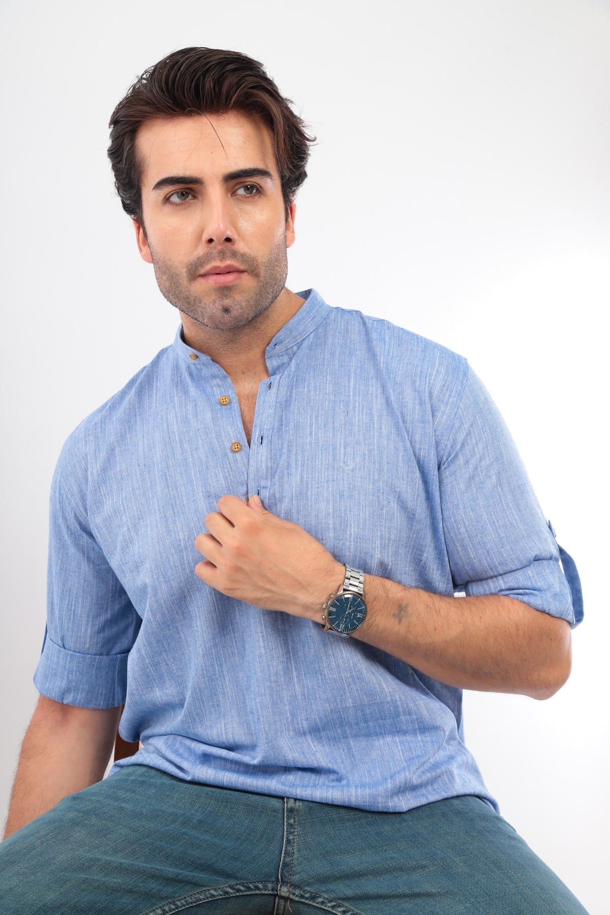 Slim Fit Uzun Kol Hakim Yaka Yarım Patlı Hediye Kutulu Erkek Gömlek FS-003687 - Mavi