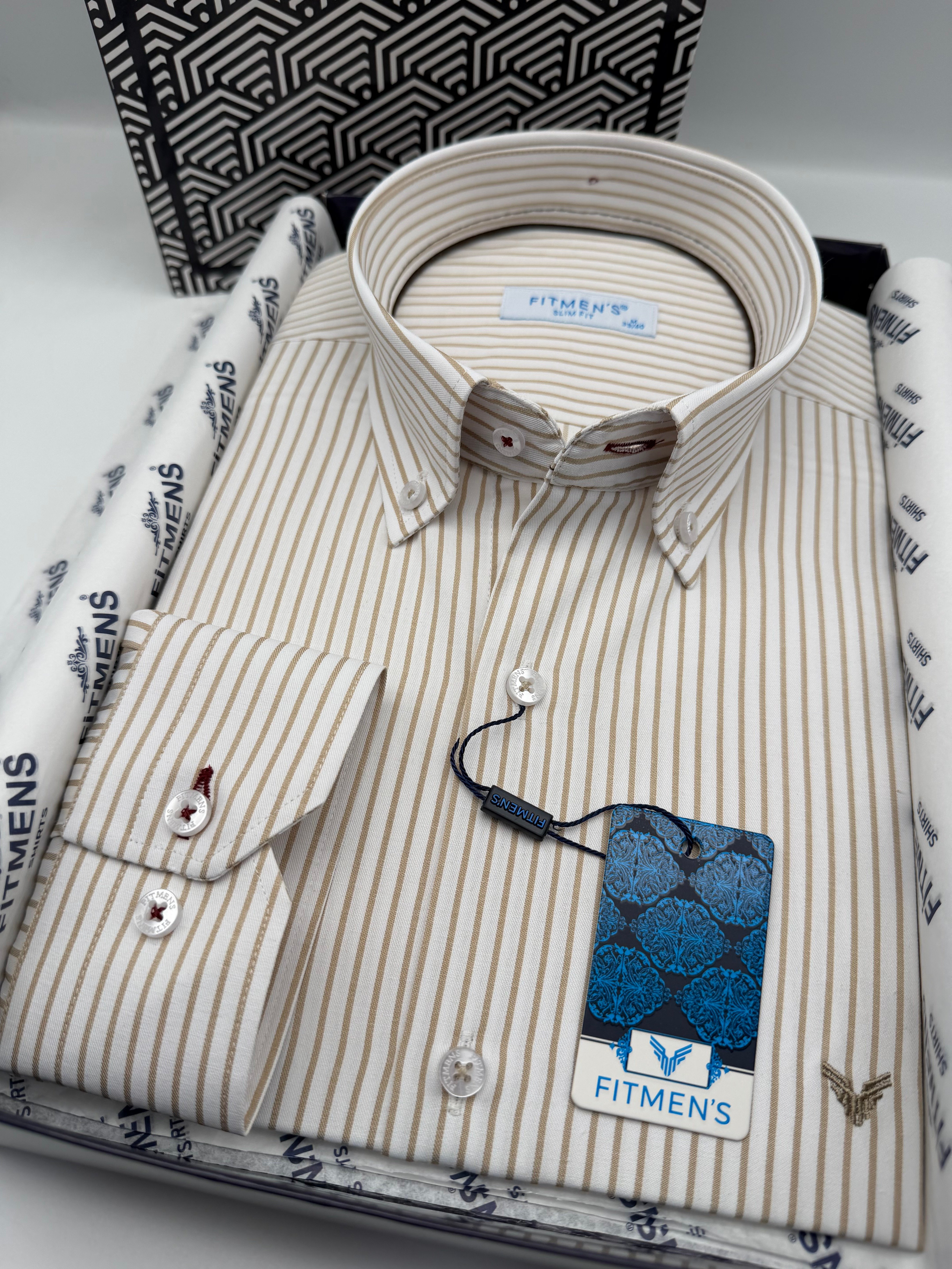 Slim Fit Uzun Kol Premium Çizgili Yaka Düğmeli Hediye Kutulu Erkek Gömlek FS-004440 - Bej