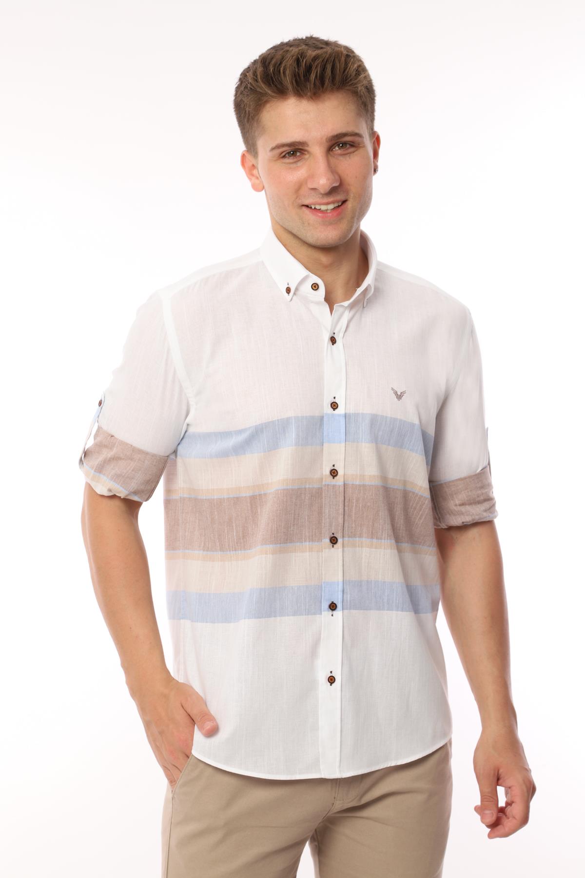 Slim Fit Uzun Kol Panolu Keten Hediye Kutulu Kolay Ütülenebilir Erkek Gömlek FS-002995 - Bej