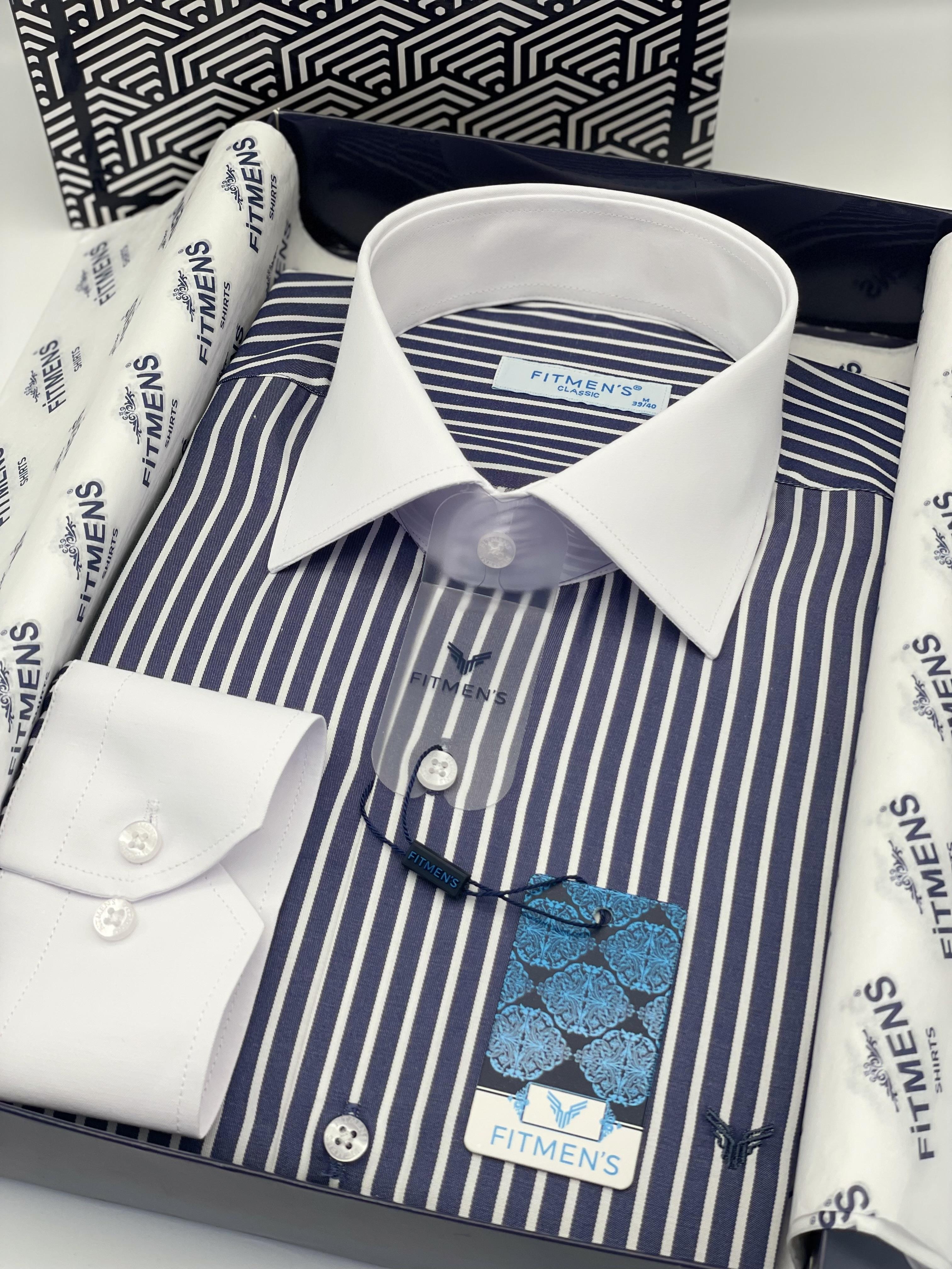 Klasik Uzun Kol Cepsiz Yaka Manşet Beyaz Hediye Kutulu Erkek Gömlek FS-004328 - Lacivert Beyaz