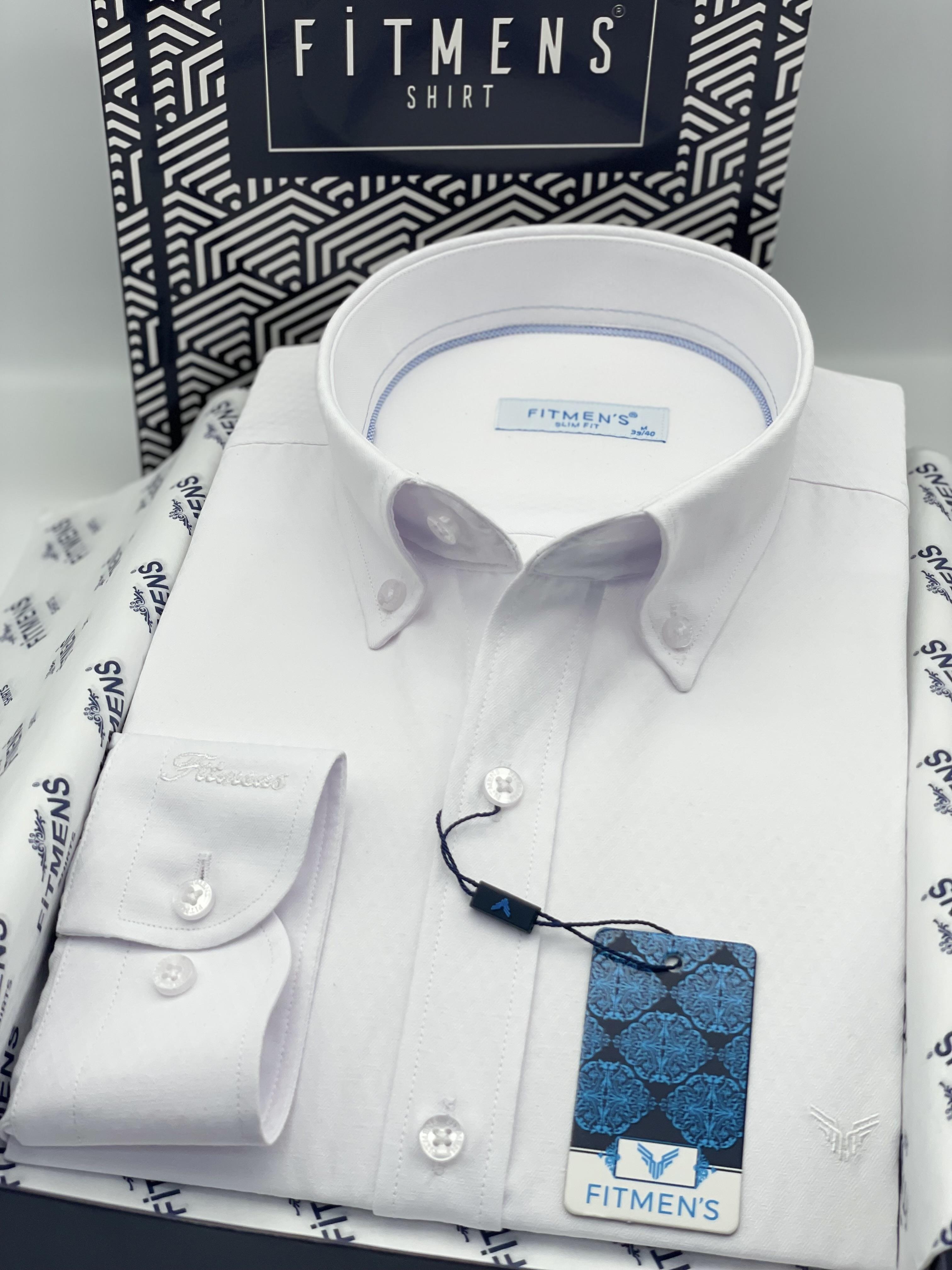 Slim Fit Uzun Kol Baklava Desen Kol Nakışlı Yaka Düğmeli Hediye Kutulu Şık Erkek Gömlek FS-004200 - Beyaz