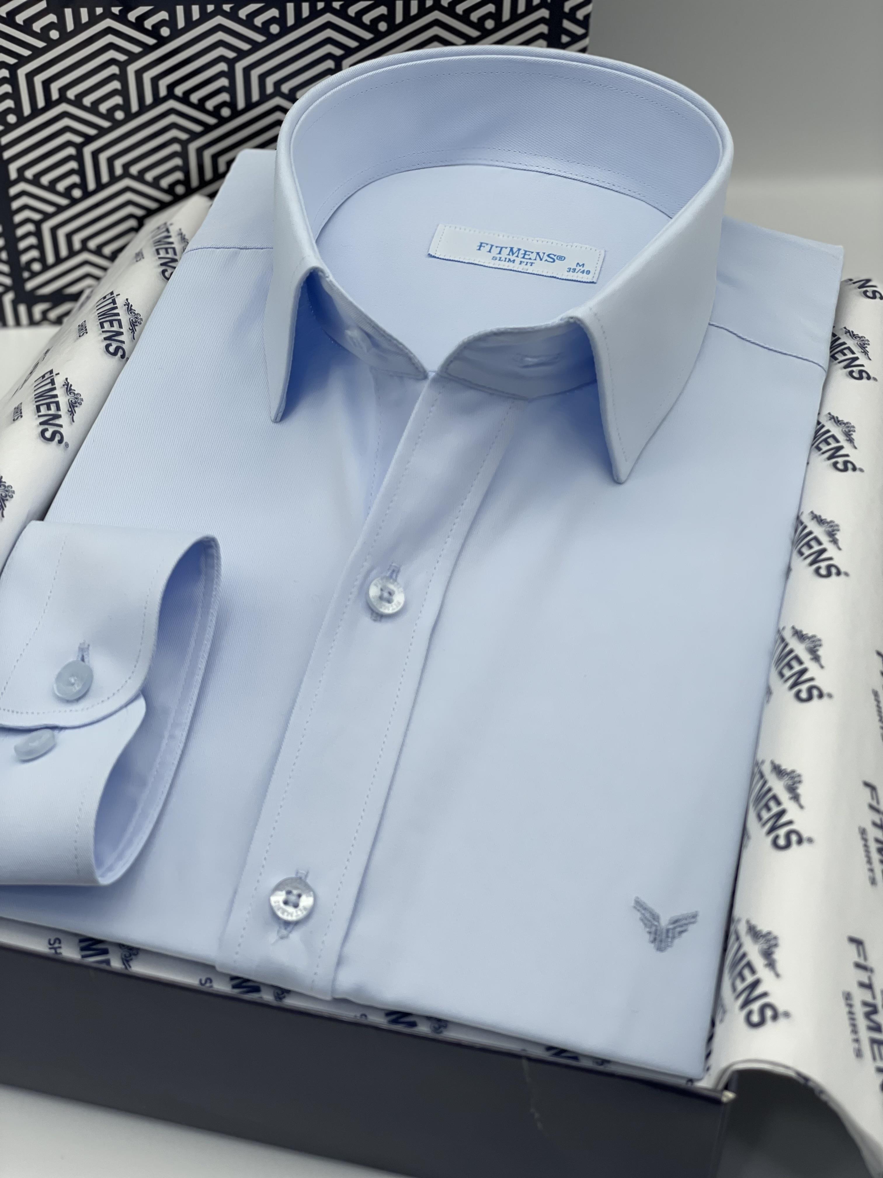 Slim Fit Uzun Kol Saten Hediye Kutulu Kolay Ütülenebilir Erkek Gömlek FS-002968 - Buz Mavi