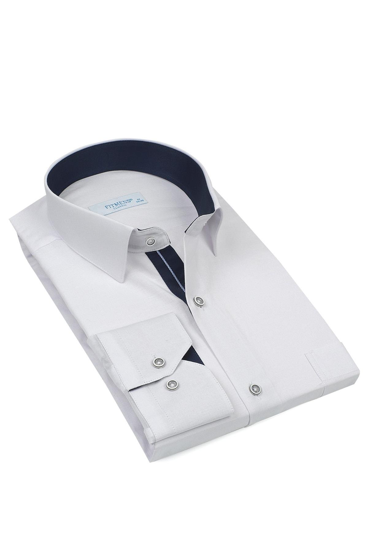 Klasik Uzun Kol Keten Cotton Hediye Kutulu Erkek Gömlek FS-001261 - Beyaz Lacivert