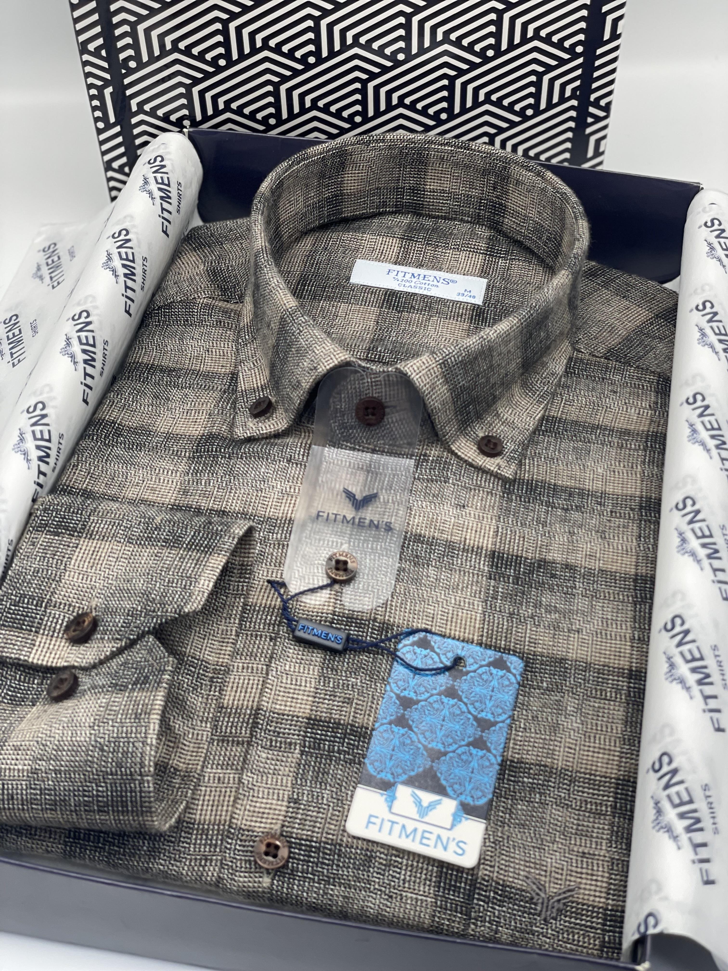 Klasik Uzun Kol Kışlık %100 Cotton Kareli Yaka Düğmeli Hediye Kutulu Erkek Gömlek FS-003135 - Kahverengi