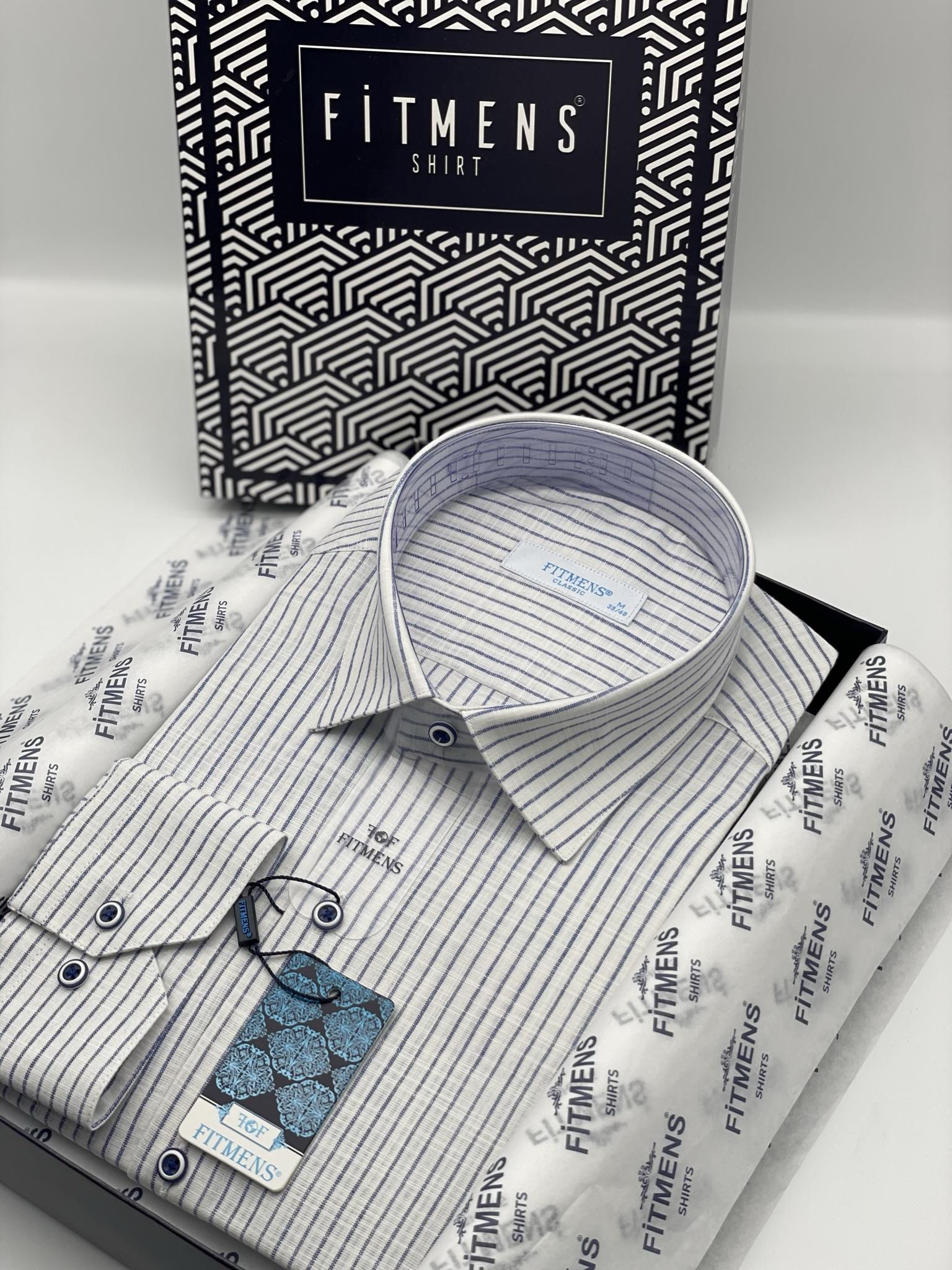 Klasik Uzun Kol Çizgili Keten Cotton Cepsiz Yaka Düğmeli Erkek Hediye Kutulu Gömlek FS-003169 - Beyaz