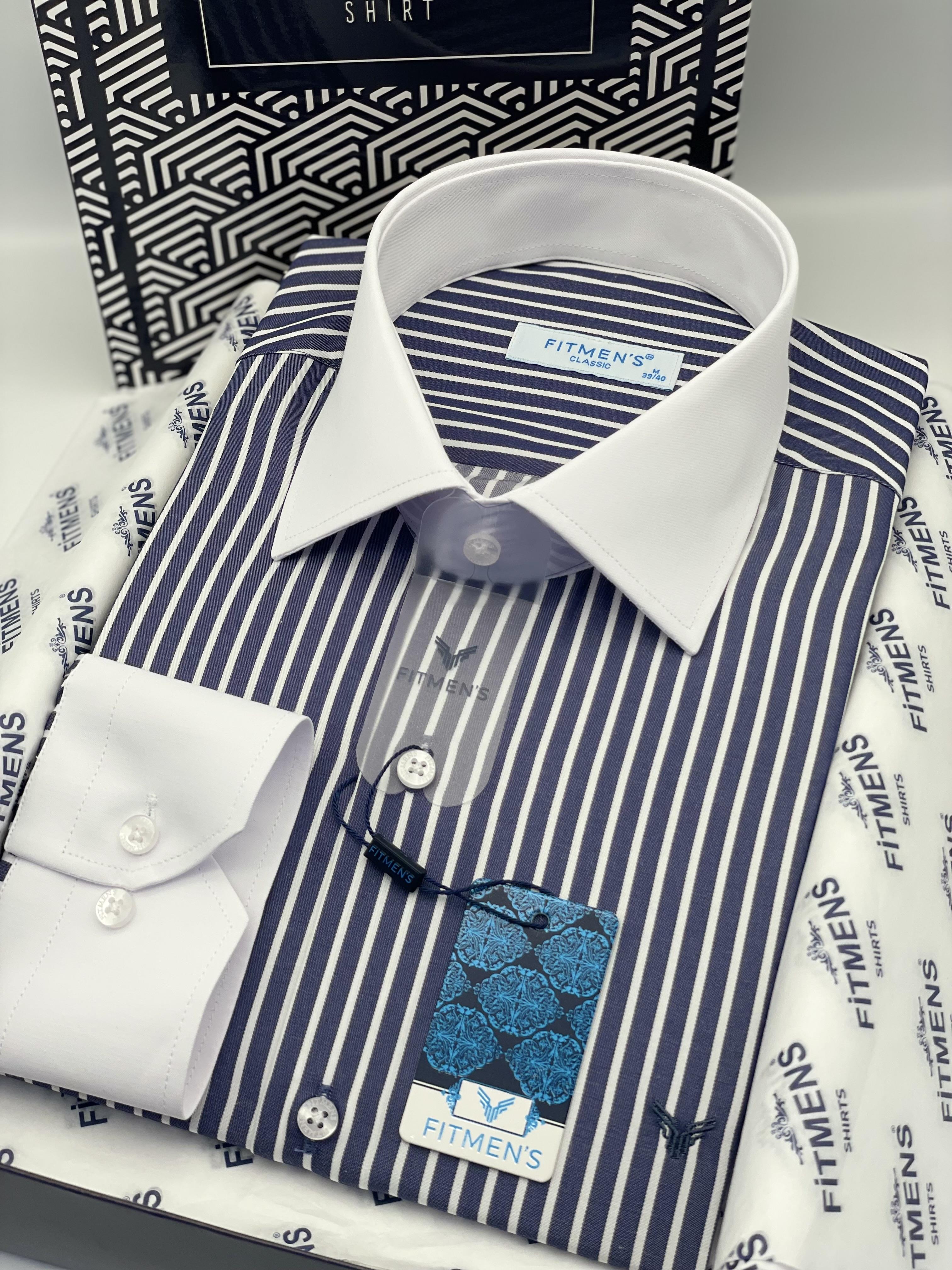 Klasik Uzun Kol Cepsiz Yaka Manşet Beyaz Hediye Kutulu Erkek Gömlek FS-004328 - Lacivert Beyaz