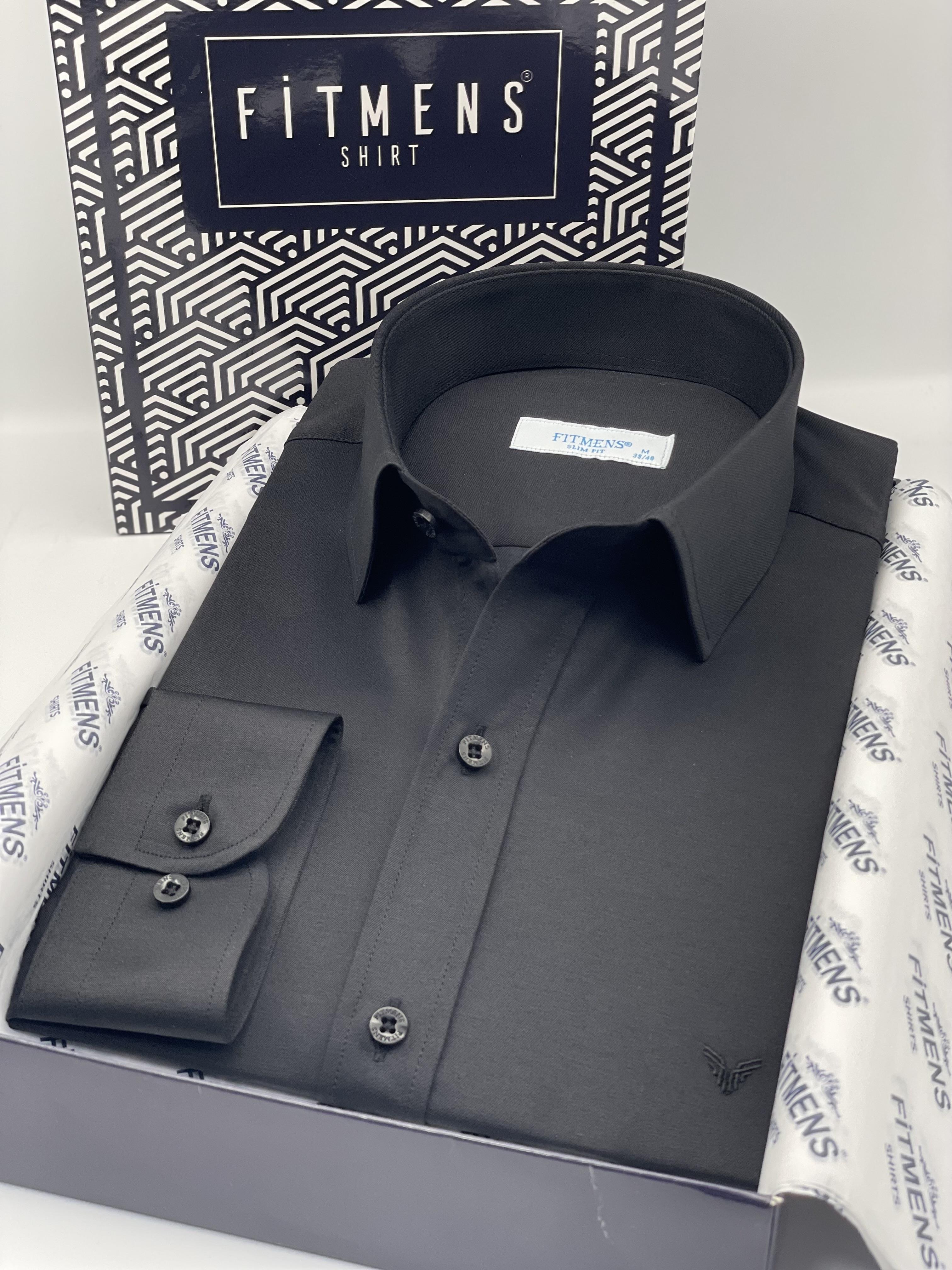 Slim Fit Uzun Kol Saten Hediye Kutulu Kolay Ütülenebilir Erkek Gömlek FS-002968 - Siyah