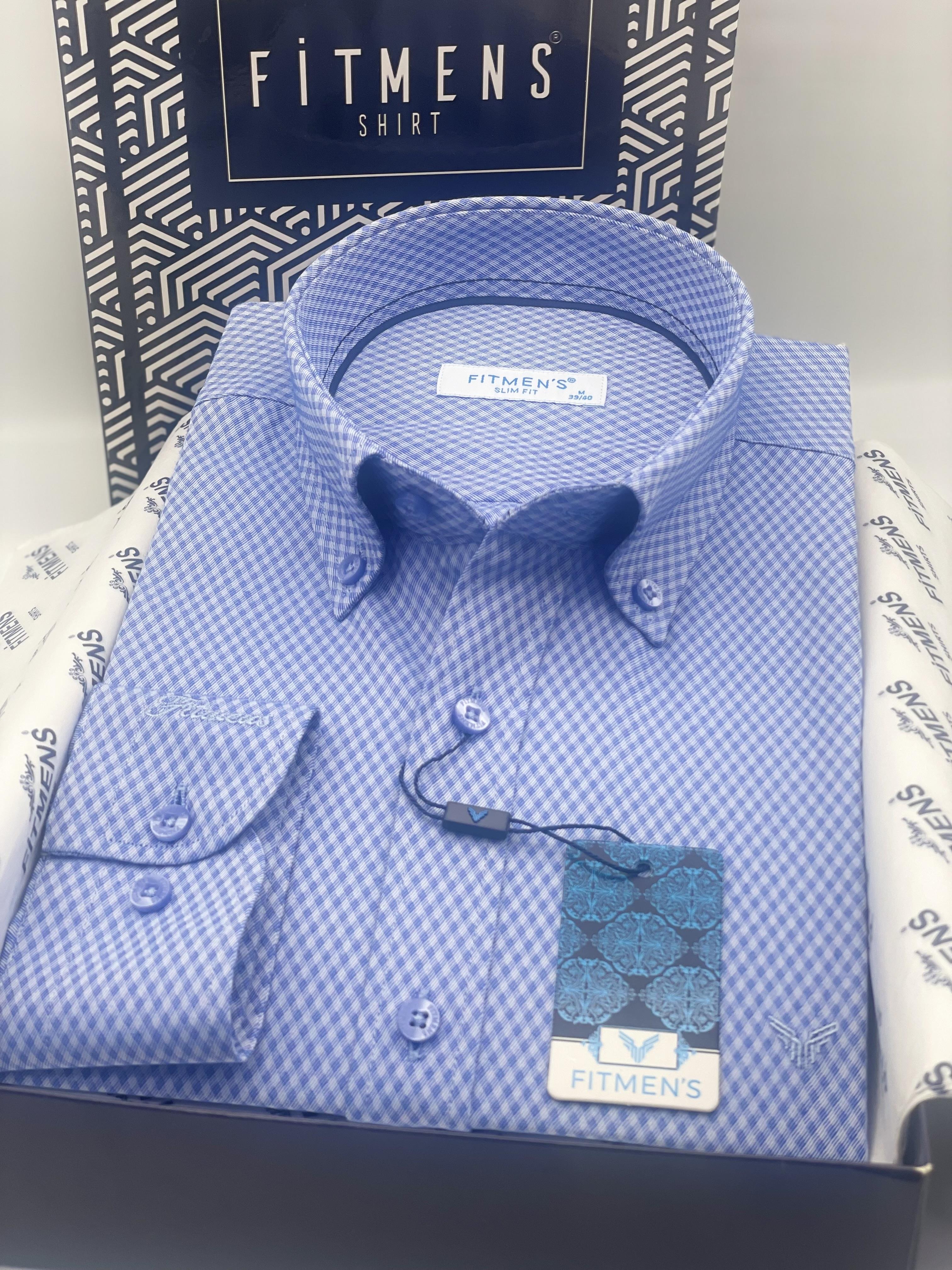 Slim Fit Uzun Kol Baklava Desen Kol Nakışlı Yaka Düğmeli Hediye Kutulu Şık Erkek Gömlek FS-004200 - Saks Mavi